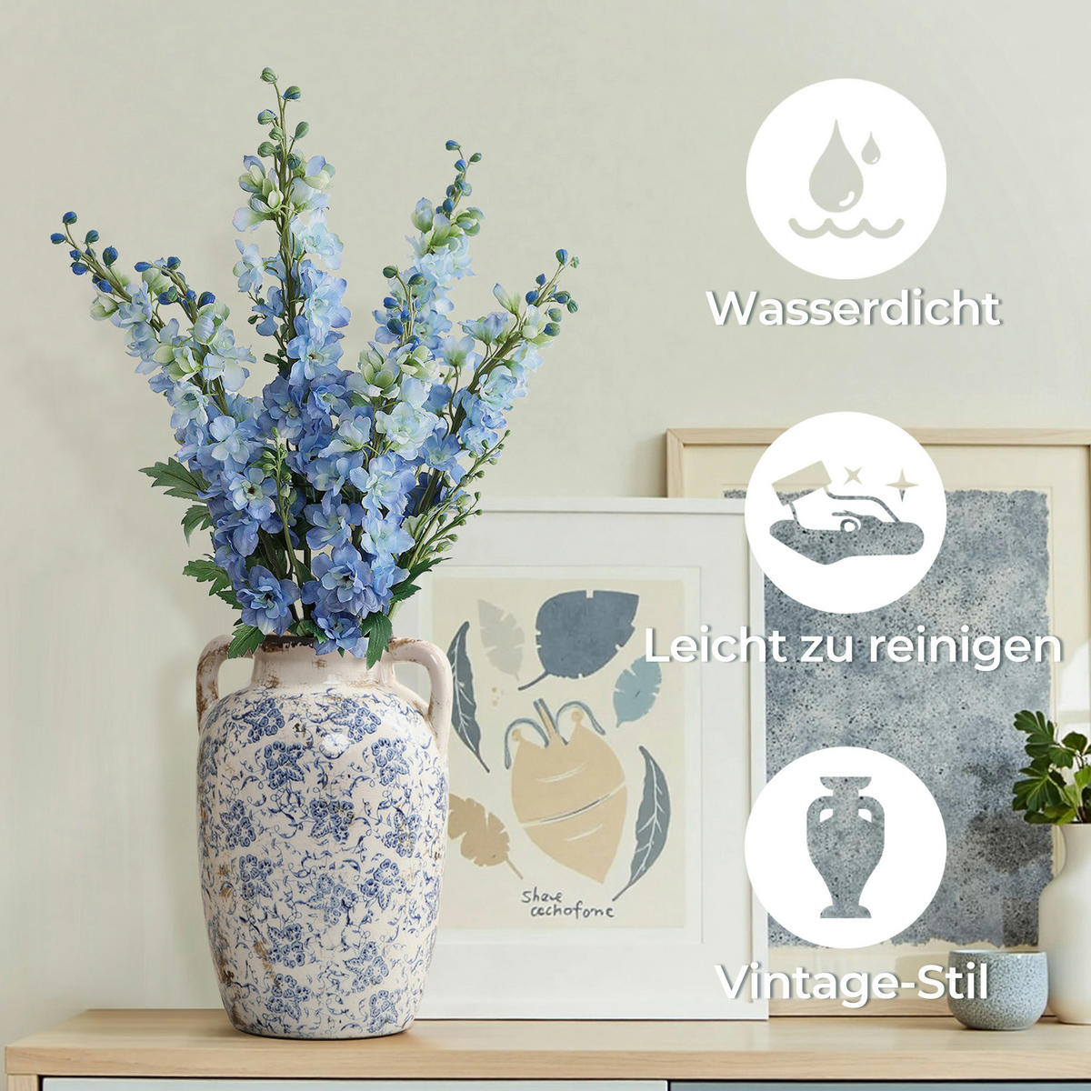 VASE Vintage, Keramik Weiß | Handbemalt, Doppelhenkel, Ø19 x H29 cm - Weiß, Keramik (29cm) - Hometopia