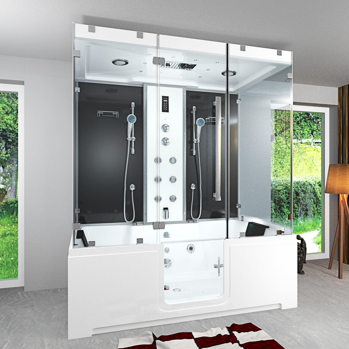 BADEWANNE mit Tür Dusche K88-SW-EH-B-SC-EA - Schwarz, Glas/Kunststoff (100/228/180cm) - AcquaVapore by Sandra Jentho