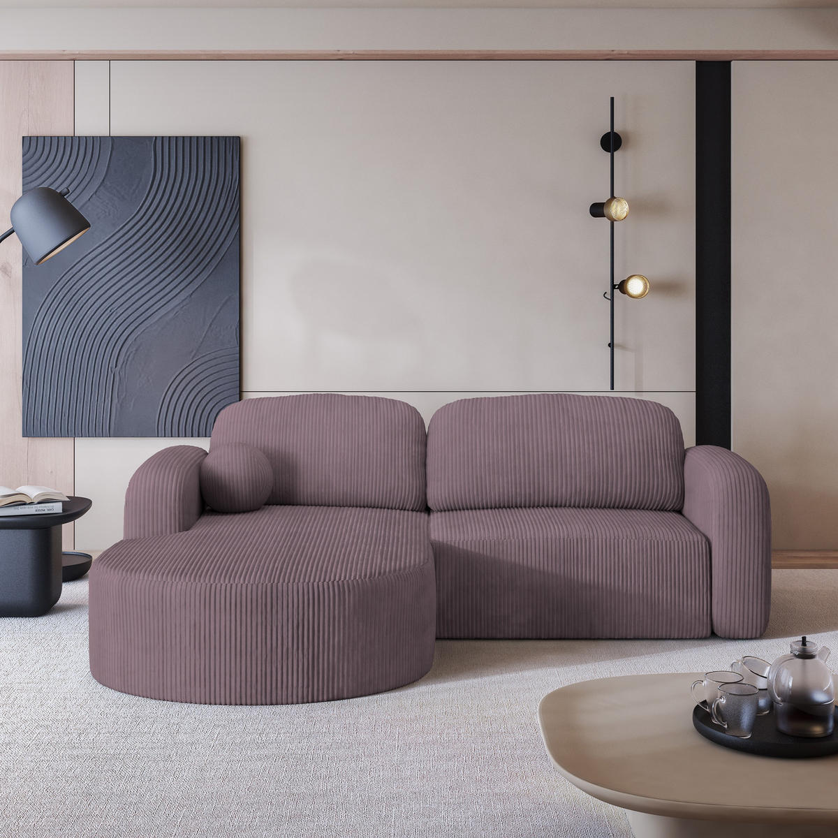 ECKSOFA AMILIA P L-S Lila Kordstoff mit Schlaffunktion - Lila, Holz (263/174cm) - MASSENO