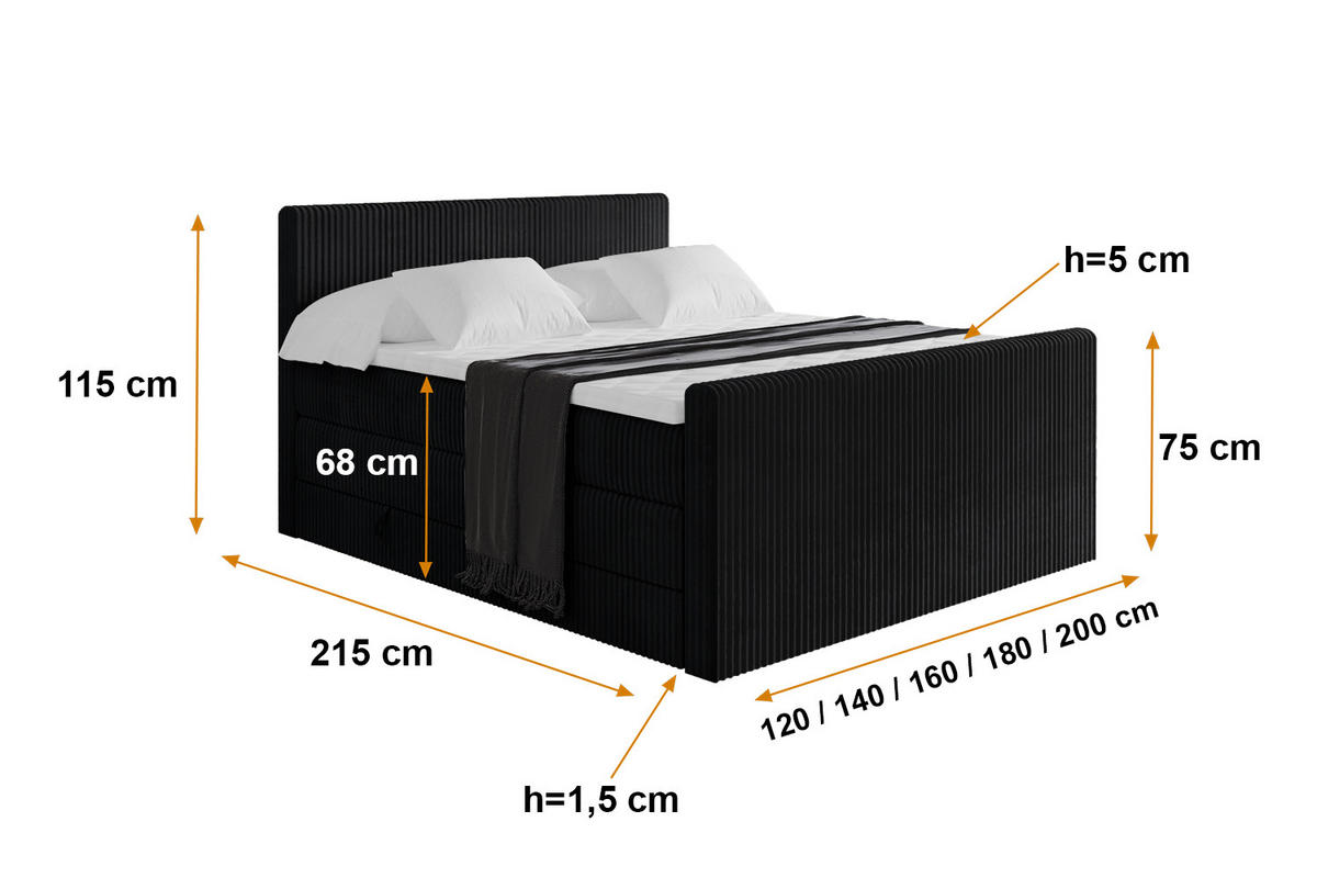 BOXSPRINGBETT mit Matratze H3|H4 und Lattenrost - TOLO-Z KING 200x200 Cord - Schwarz - Schwarz, Holzwerkstoff (200/200cm) - ALTDECOR
