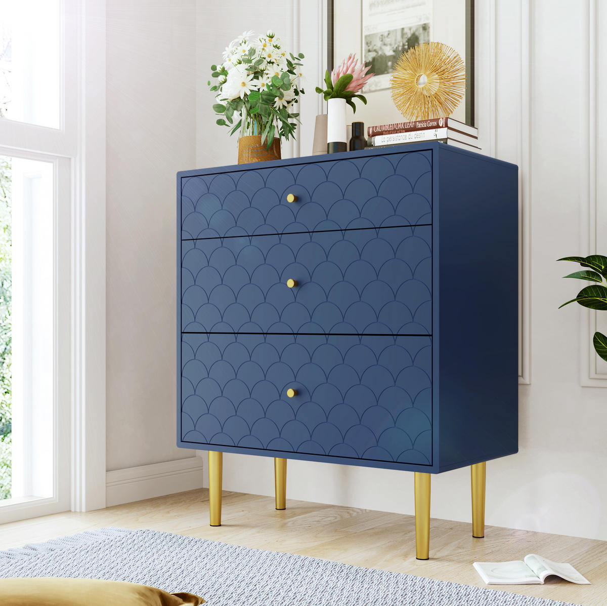 KOMMODE 75/40/89 cm mit 3 Schubladen und Metallbeinen in Marineblau - Dunkelblau, Holz (75/89/40cm) - BEAOK