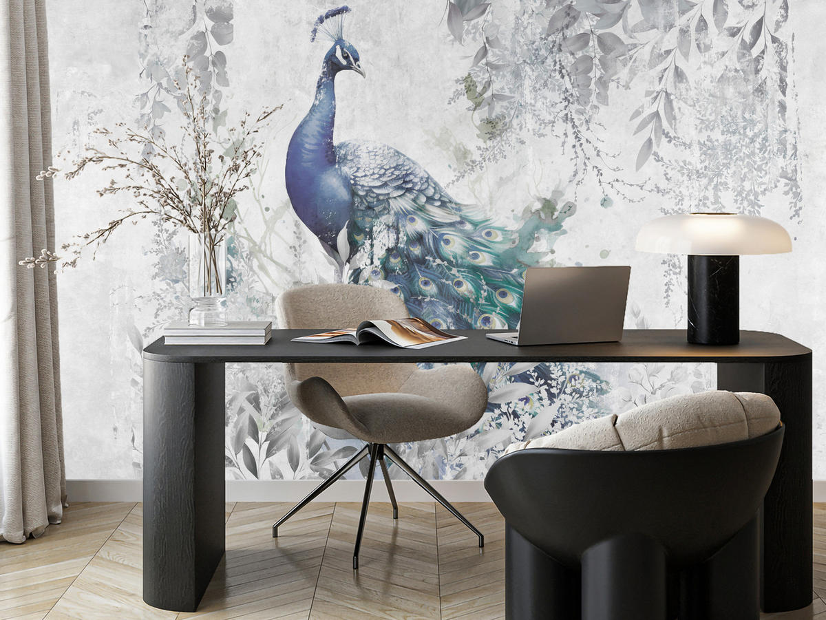 FOTOTAPETE für Schlafzimmer Abstrakte Vogel Pfau Beton Blätter 500x350 - Türkis/Blau, Papier (500/350cm) - Muralo