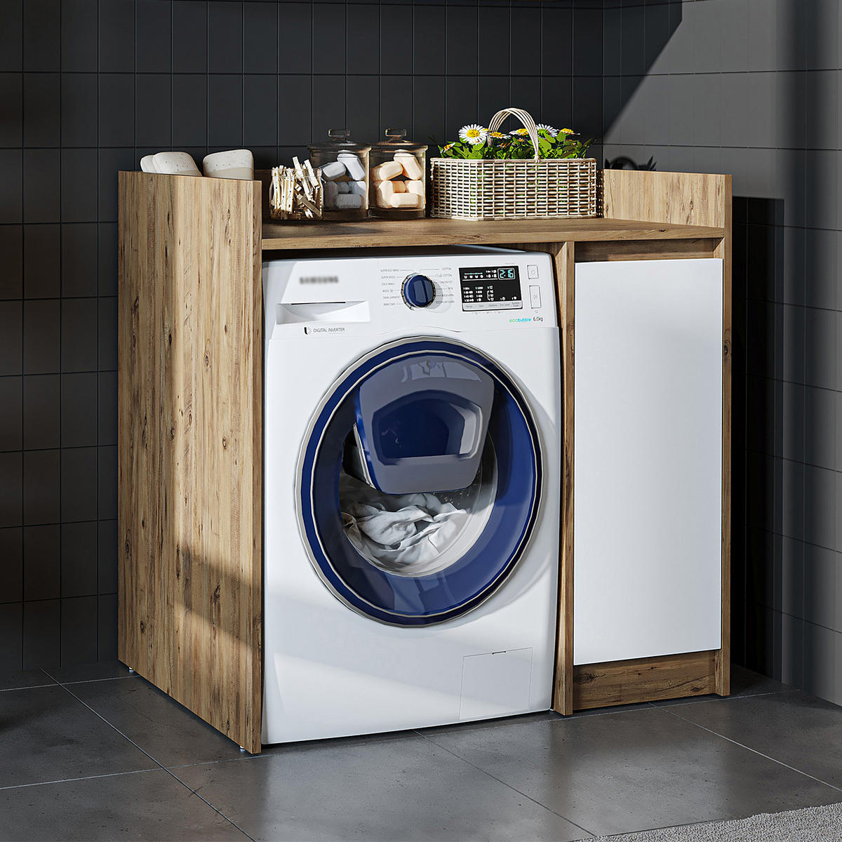 WASCHMASCHINENSCHRANK DERIN-II 100cm Breit, 99cm Hoch - Eiche Bianco, Holzwerkstoff (100/99/60cm)