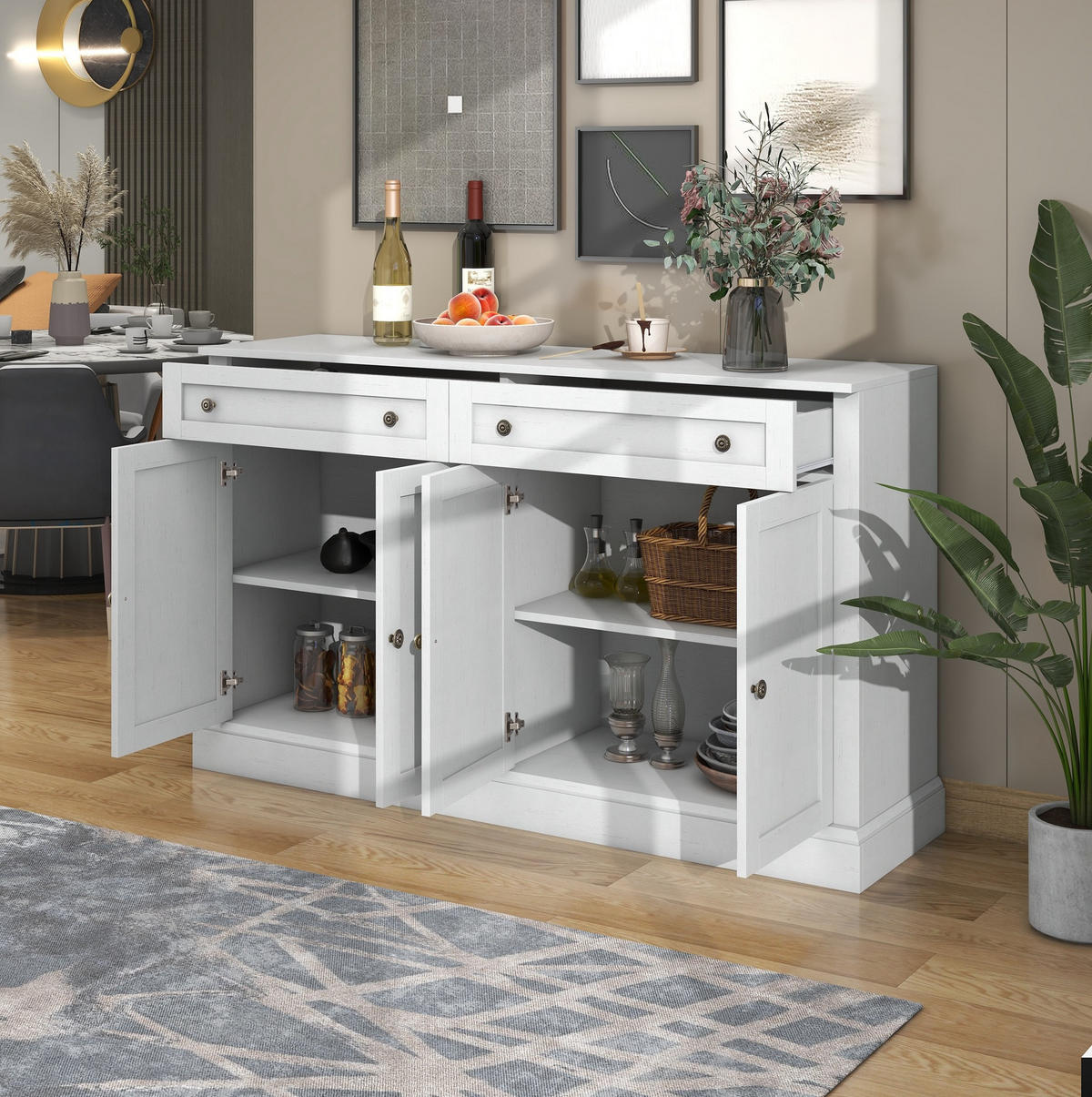 SIDEBOARD 150/40/86 cm mit 4 Türen, 2 Schubladen und verstellbaren Einlegeböden, Antikweiß - Weiß, Holzwerkstoff (150/86/40cm) - Redom