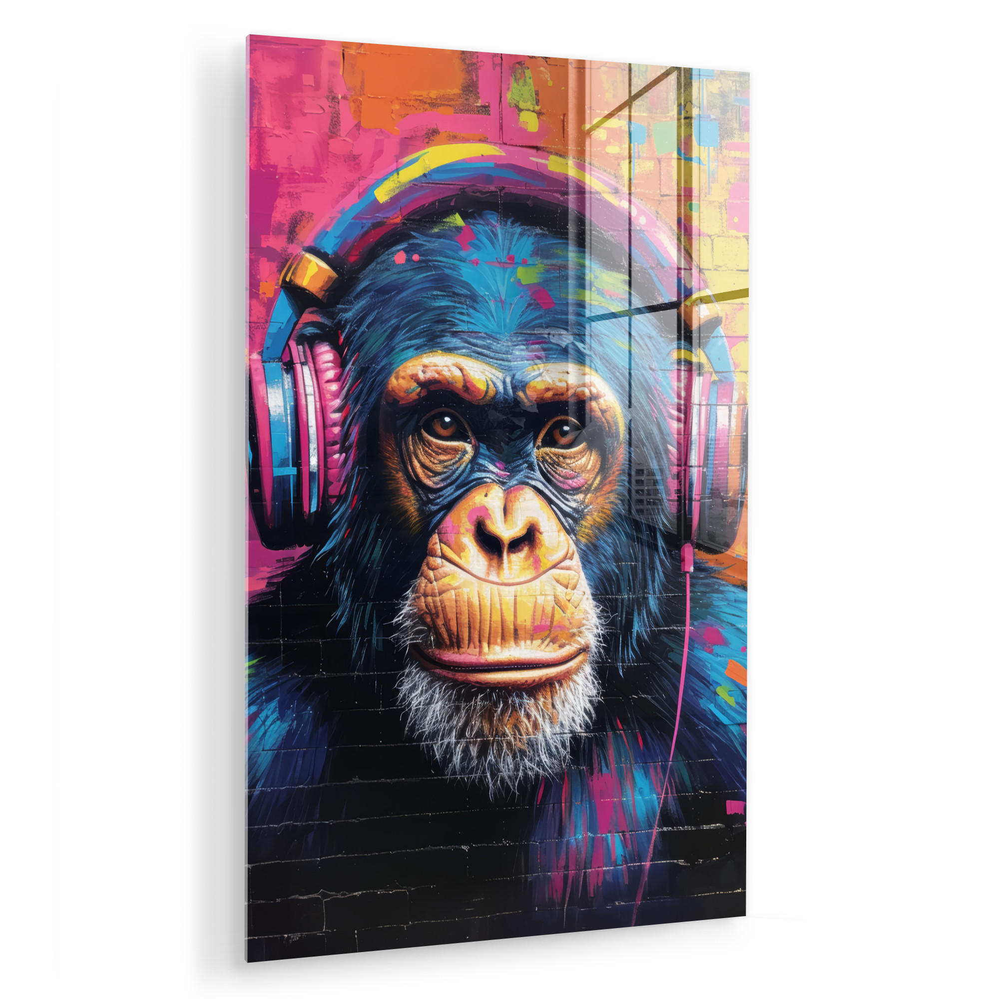 MuchoWow OBRAZ NA AKRYLOVÉM SKLE Graffiti - Šimpanz - Street art - Sluchátka - Opice 60x90 cm