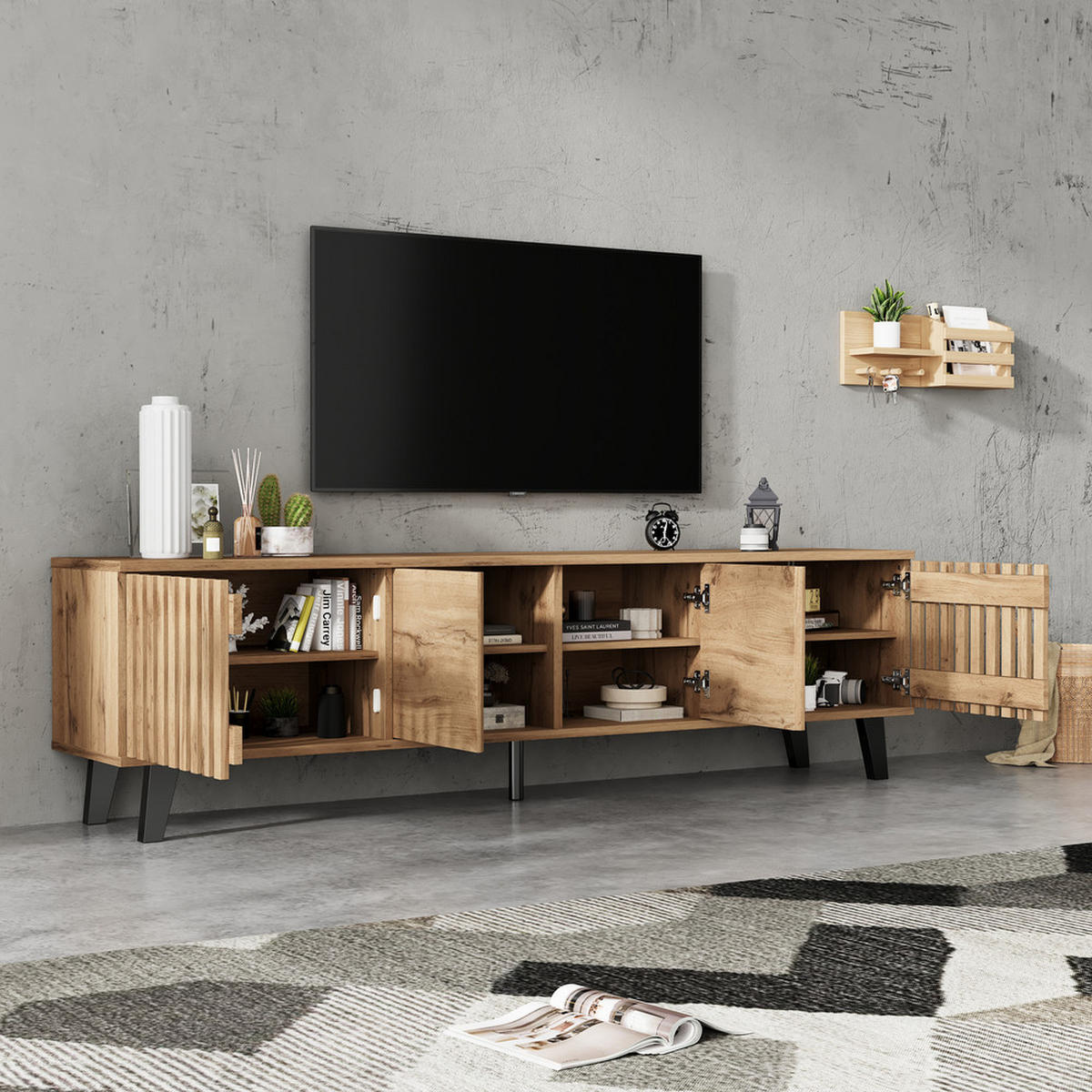 TV-SCHRANK 180x40cm Lowboard Naturholz 8 Fächer bis 70 Zoll - Braun, Holz (45.72/14.94/108.28cm) - FLIEKS