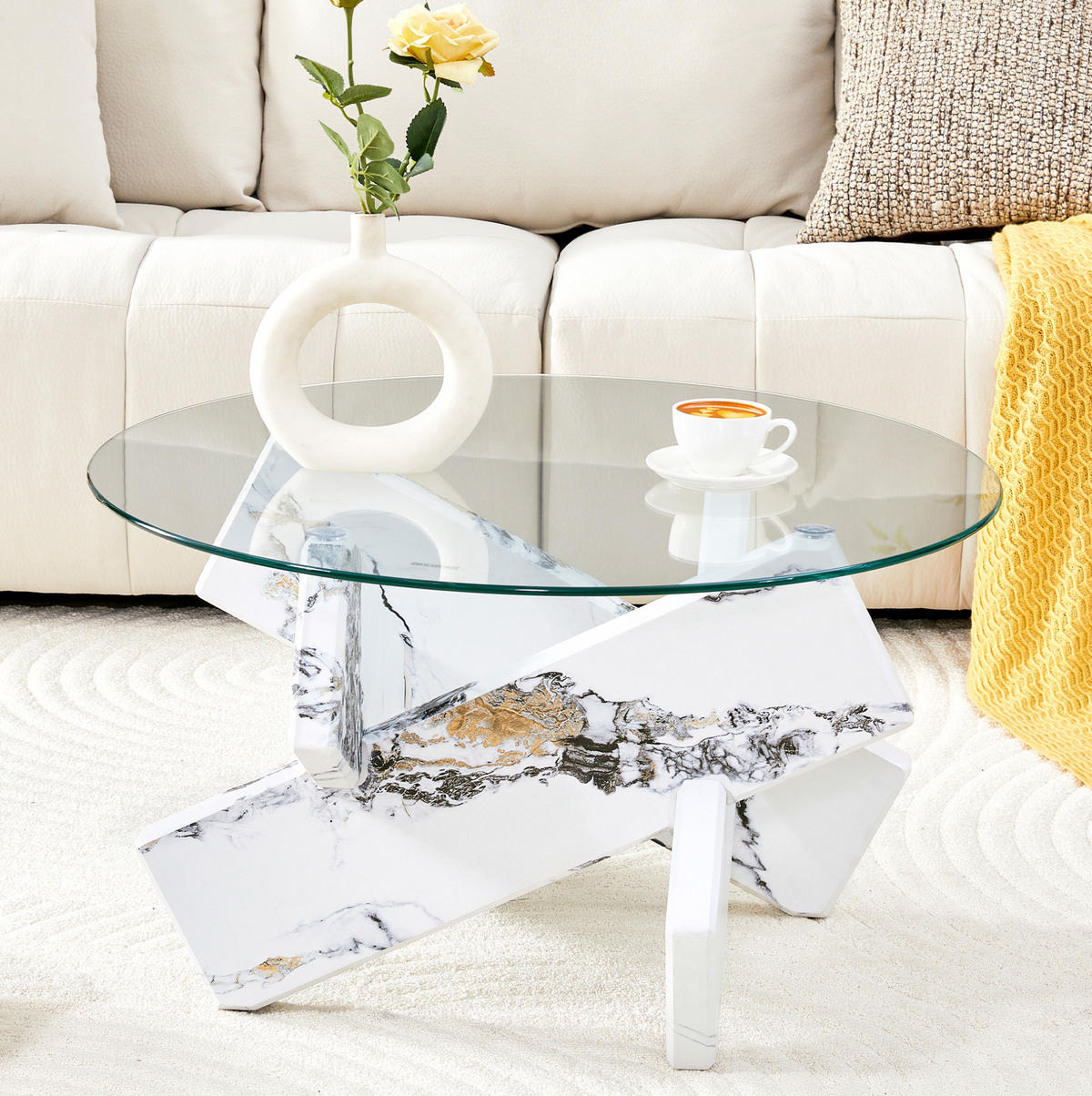 COUCHTISCH 79/45 cm aus Glas und MDF in Weiß mit Marmordekor - Klar, Holzwerkstoff (79/79/45cm) - Flora Grace
