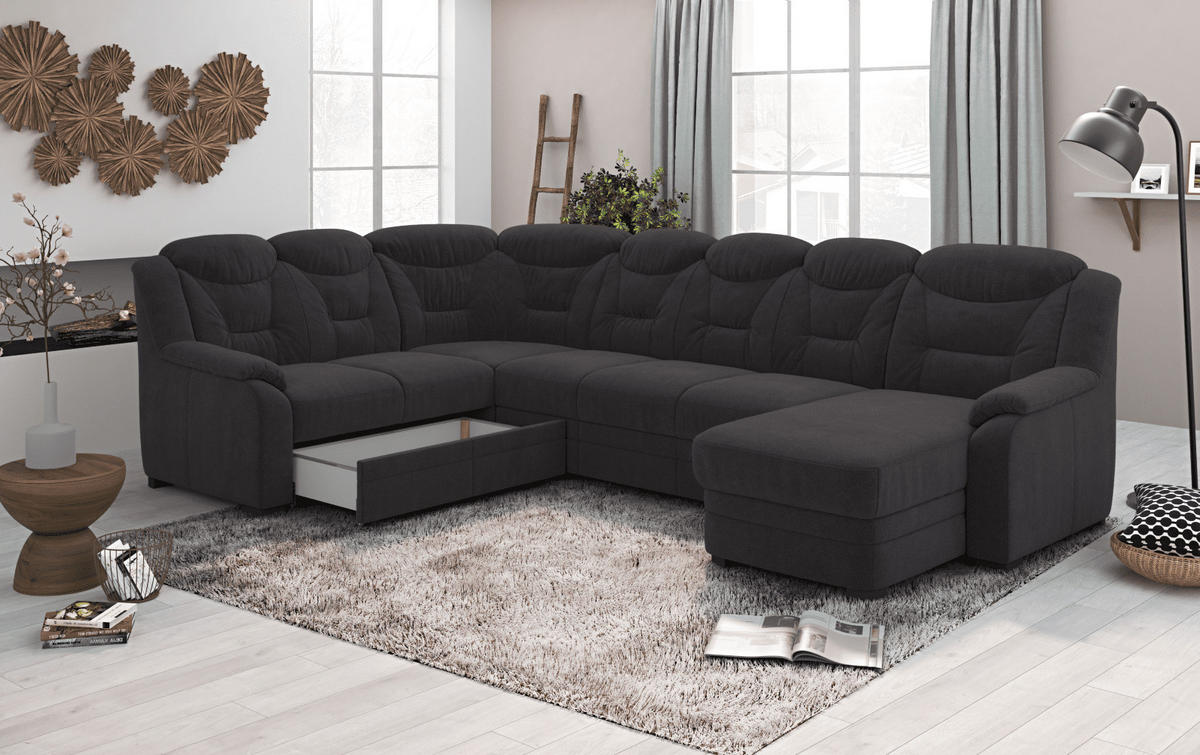 WOHNLANDSCHAFT mit Schlaffunktion und Bettkasten – weiches Chenille-Gewebe - Anthrazit/Schwarz, Holz/Kunststoff (330/99/211cm) - Cotta