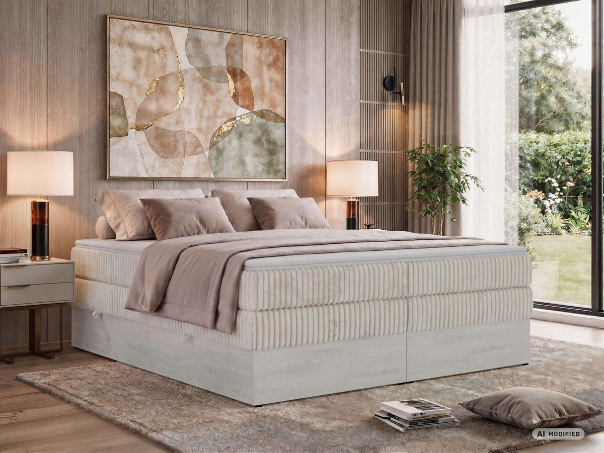 BOXSPRINGBETT NORDIC ZERO KING 200/200 - Beige Cord - Topper Visco - H3 - Beige/Schwarz, Kunststoff/Textil (200/200cm) - MKS