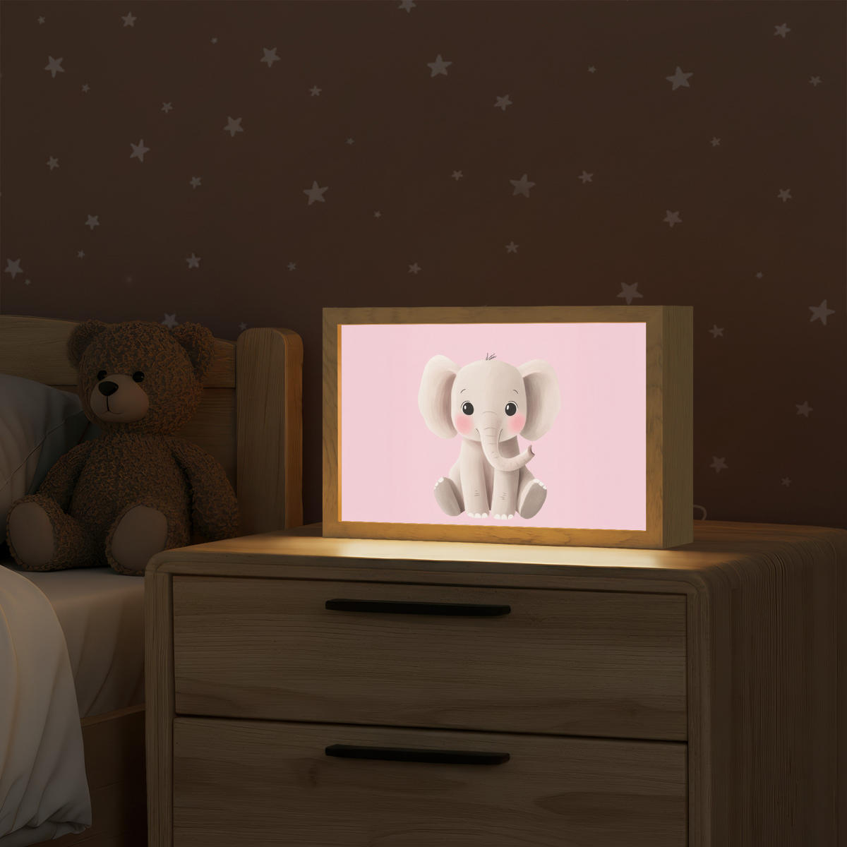 NÁSTĚNNÁ LAMPA Slon - Dítě - Růžová - Kreslený film 30x20 cm - světle růžová, kompozitní dřevo (30/20/8cm) - OnlyWow