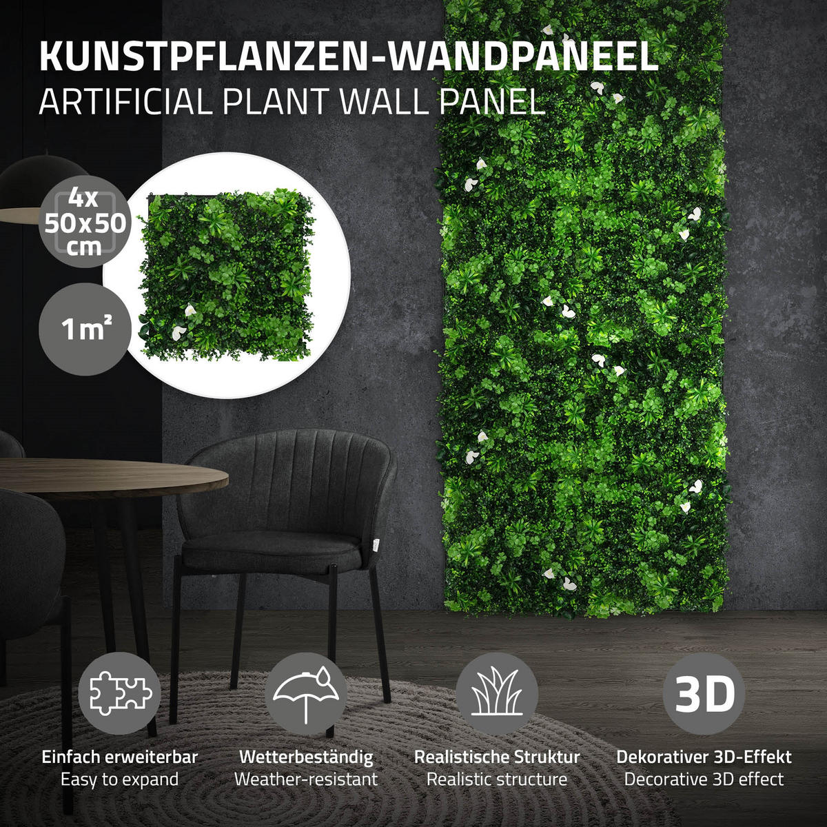 KÜNSTLICHE PFLANZENWAND 4er Set 50x50 cm Kunstpflanzen Wand Innen Aussen Grün White Jasmine - Weiß/Grün, Kunststoff (50/50/8cm) - ECD-Germany