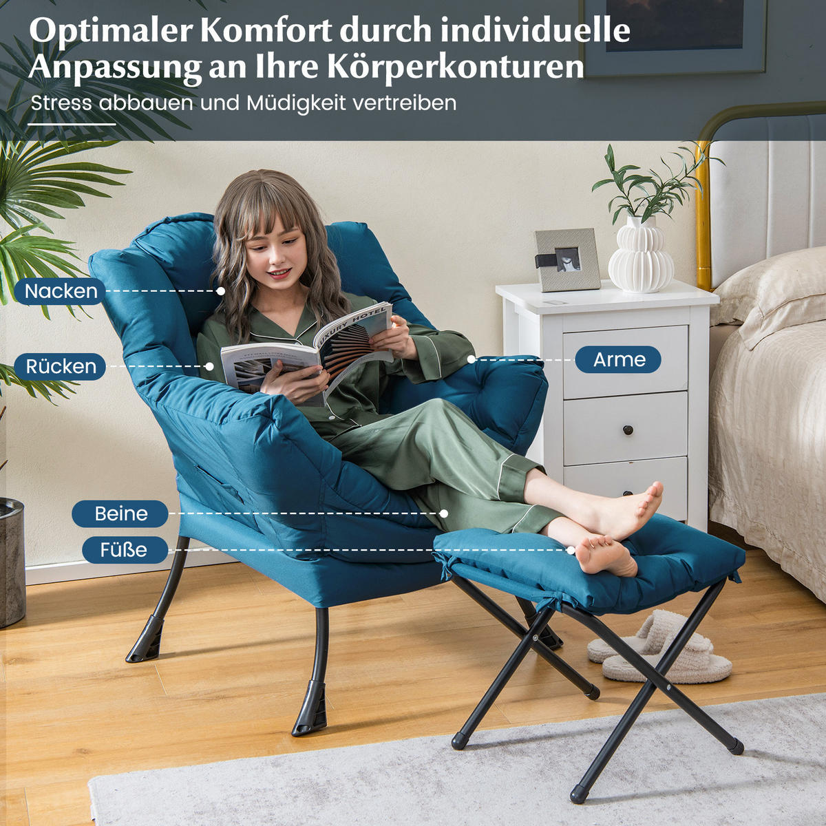 KRESLO s podnožkou modré - modrá, plast (81/94.5/75cm) - COSTWAY