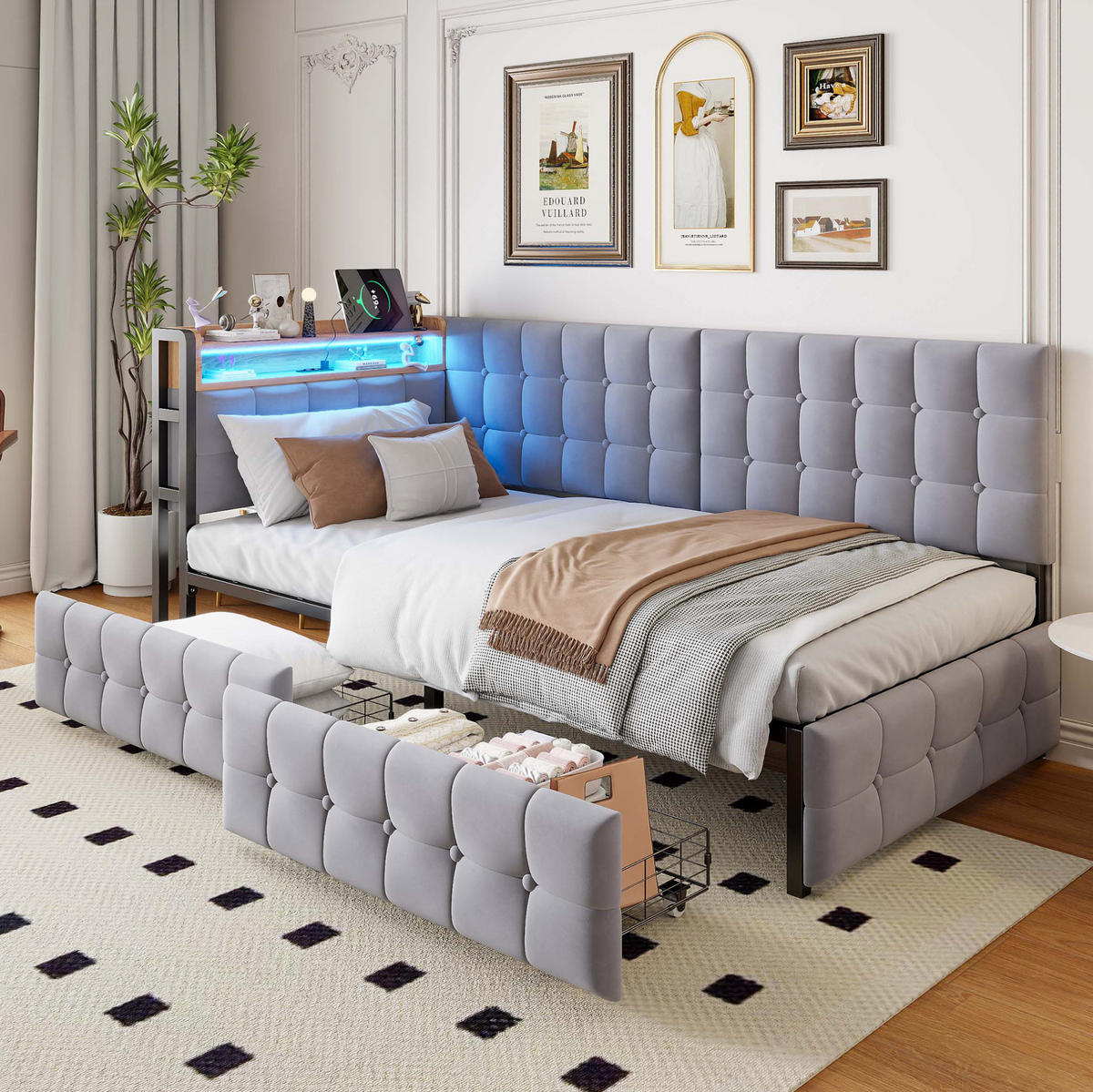 SCHLAFSOFA 90/200 cm gepolstert mit 2 Schubladen, LED-Beleuchtung, USB- und Typ-C-Anschluss, Grau - Grau, Textil (99/83.5/208.5cm) - Redom