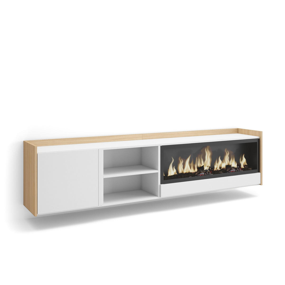 LOWBOARD, Weiß und Eiche, 212/35/50cm, Kamin mit Feuereffekt XXL - Weiß, Holzwerkstoff (212/50/35cm) - Skraut Home