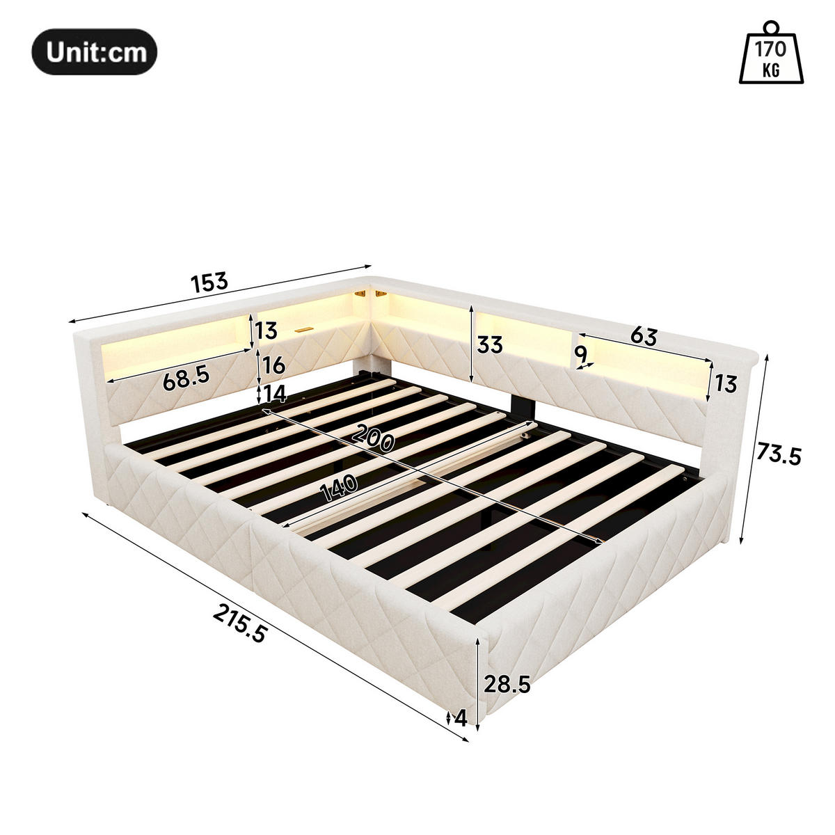 SCHLAFSOFA 140 x 200 cm, Beige, Leinen, LED, USB - Beige, Naturmaterialen (140/200cm) - FLIEKS
