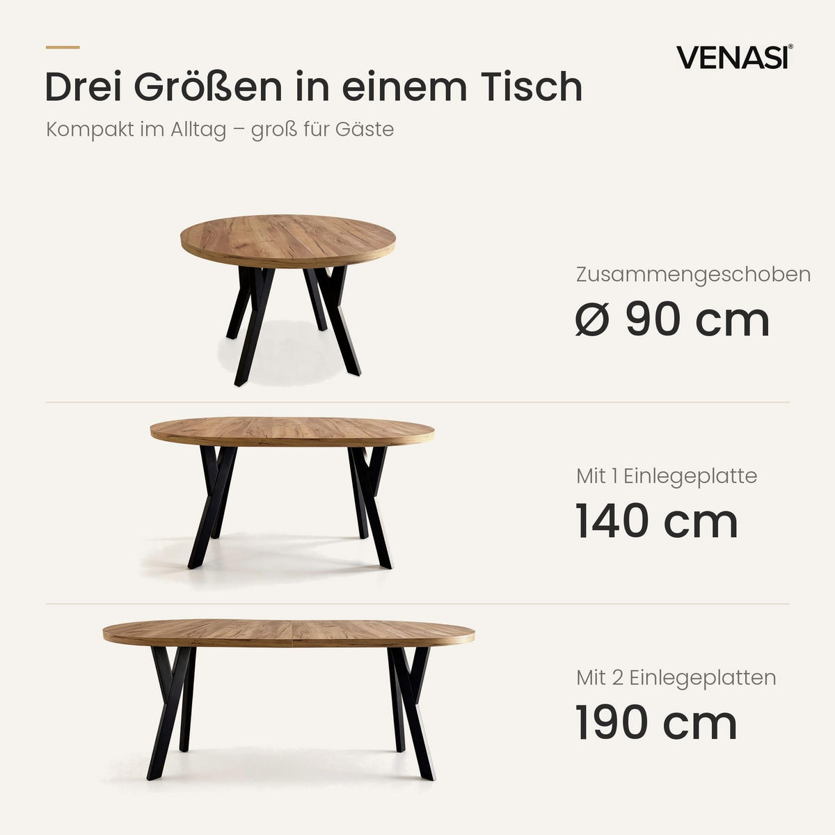 ESSTISCH ausziehbar rund 90-190 cm ATO Craft, Auszugstisch mit Einlegeplatte - Schwarz/Braun, Holzwerkstoff (90/90/77cm) - VENASI MÖBEL