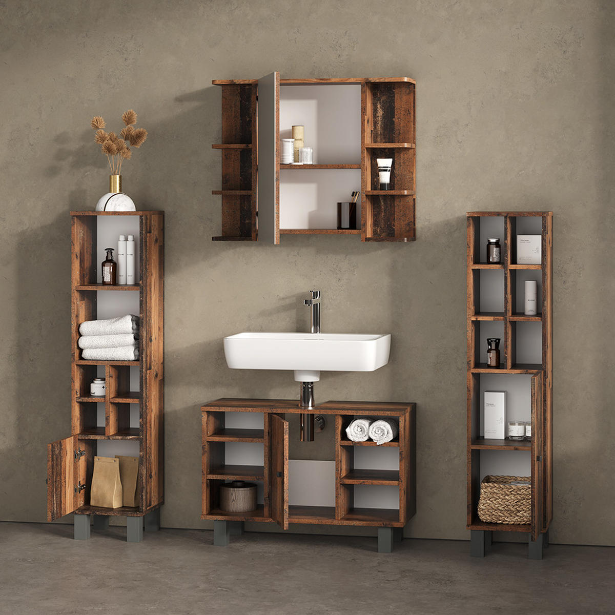 BADMÖBEL-SET Fucino Eiche rustikal 4 Teile, mit Midischränke - Wildeiche, Holzwerkstoff (60/54/32cm) - Livinity®