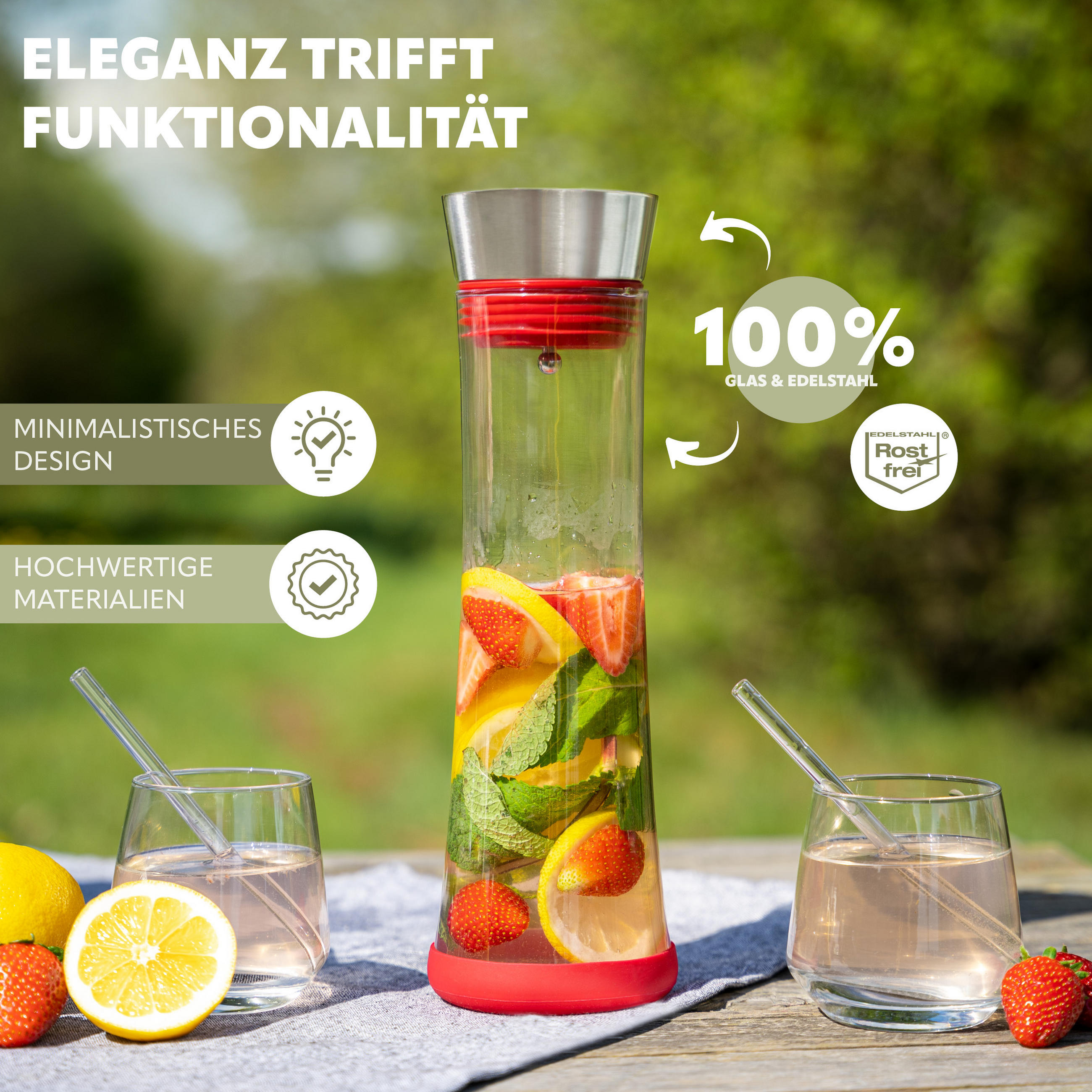 GLASKARAFFE 1 Liter CAROLA, rot, Edelstahl, Silikon - Rot, Glas (1L) - bremermann
