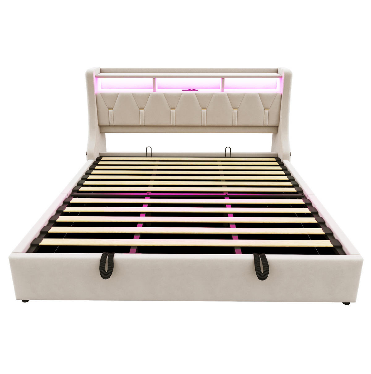 POLSTERBETT aus Samt 180x200 cm Beige mit Bettkasten, LED-Beleuchtung und Ladeanschlüssen - Beige, Textil (180/200cm) - Modfu