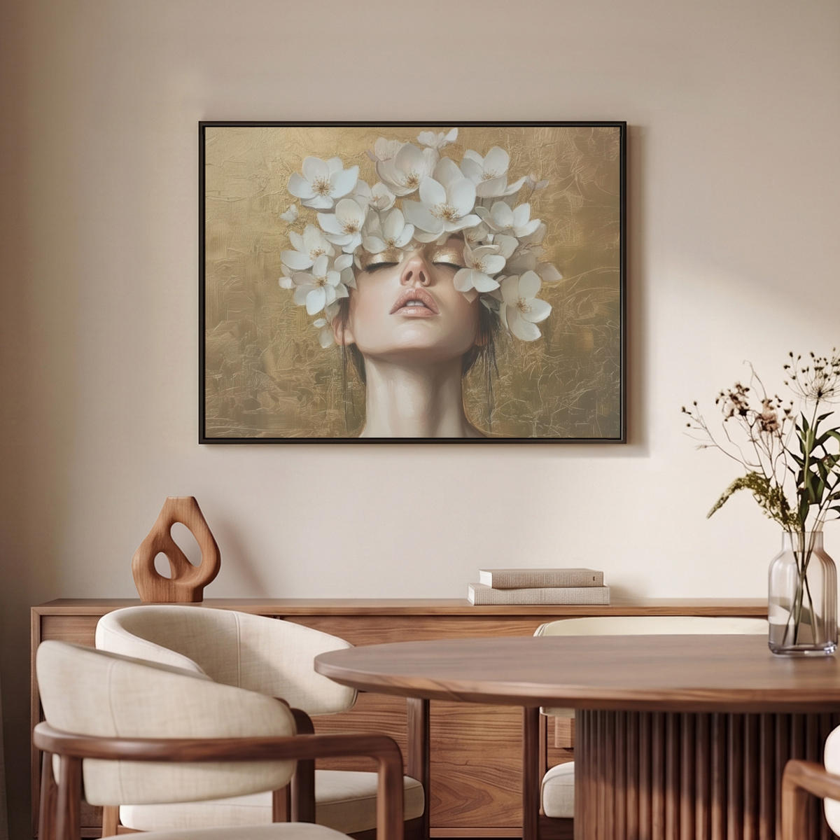 LEINWAND Bilder mit Rahmen - Gesicht - Blumen - Gold - Abstrakt - 70x50 - Goldfarben, Textil (70/50cm) - MuchoWow