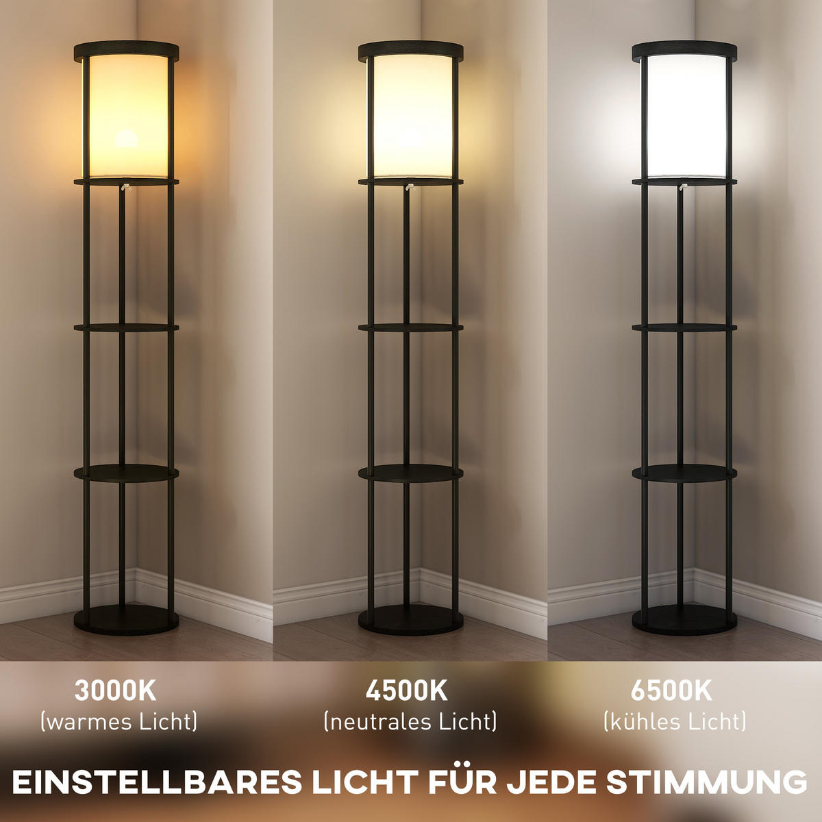 STEHLAMPE mit 3 runden Regalen, 3 Lichtfarben, Fußschalter - Schwarz, Holzwerkstoff (29/29/158cm) - HOMCOM