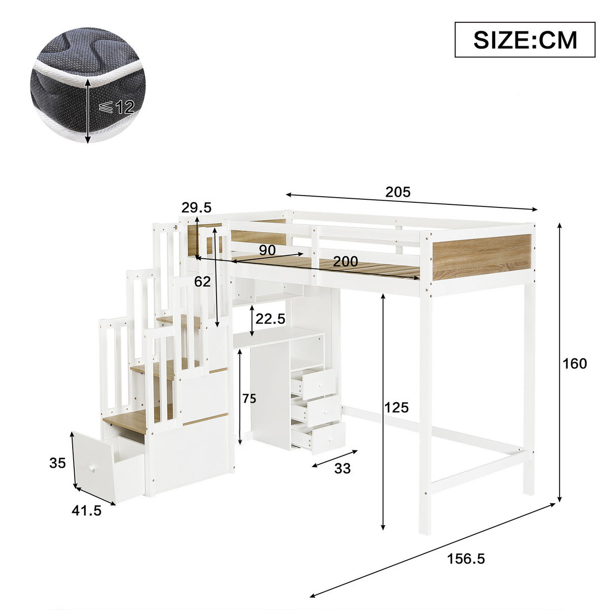 HOCHBETT 90/200 cm mit Schreibtisch und Stauraum, DE-41750, in Weiß - Weiß, Holzwerkstoff (90/200cm) - ComfortXL