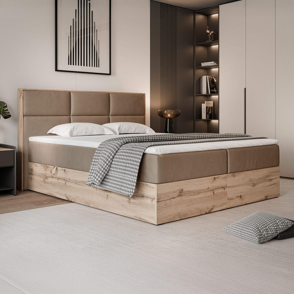 BOXBETT LAVIO 160/200 cm, in Hellbraun, mit Matratze und Topper - Hellbraun, Holzwerkstoff/Textil (160/200cm) - Idohome