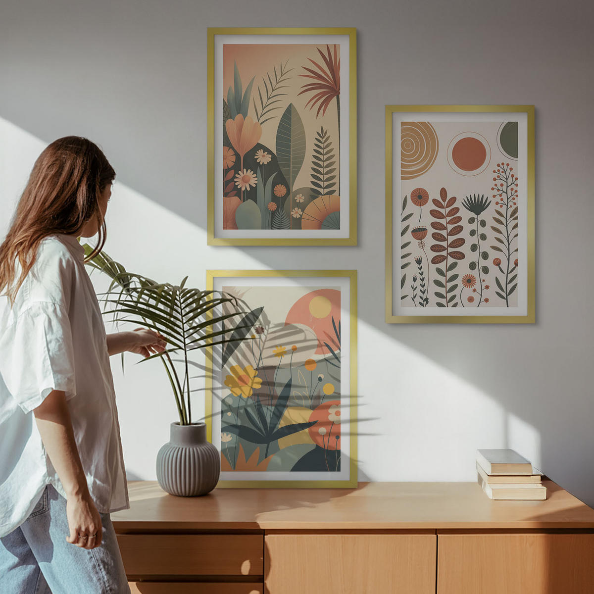 BILDER SET 3er Set - 40x60 cm Goldrahmen - Boho-Pflanzenmuster Natur - Goldfarben, Kunststoff (40/60cm) - TULUP