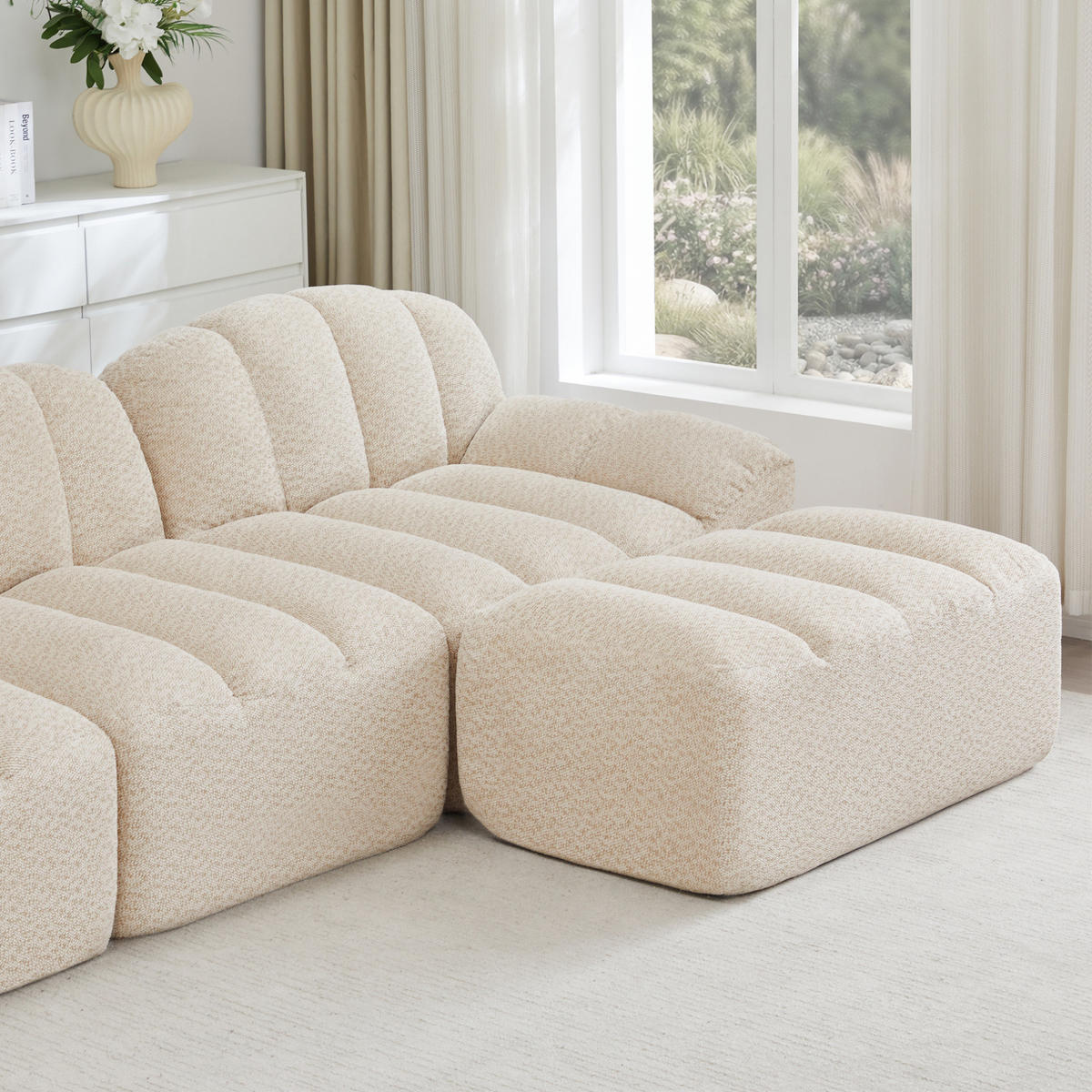 MODULARES Ecksofa mit Ottoman, Granuliertem Fleece, Beige-Weiß 288x165x79 cm, als 3-Sitzer stellbar - Creme, Textil (165/288cm) - IVMEU