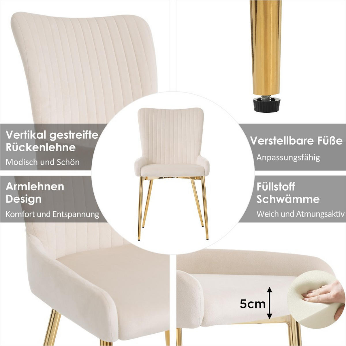 STUHL SET 6 Stück in Grau Samt mit Silberne Metallstützbeinen - Grau, Textil (58/85/47cm) - KOMHTOM