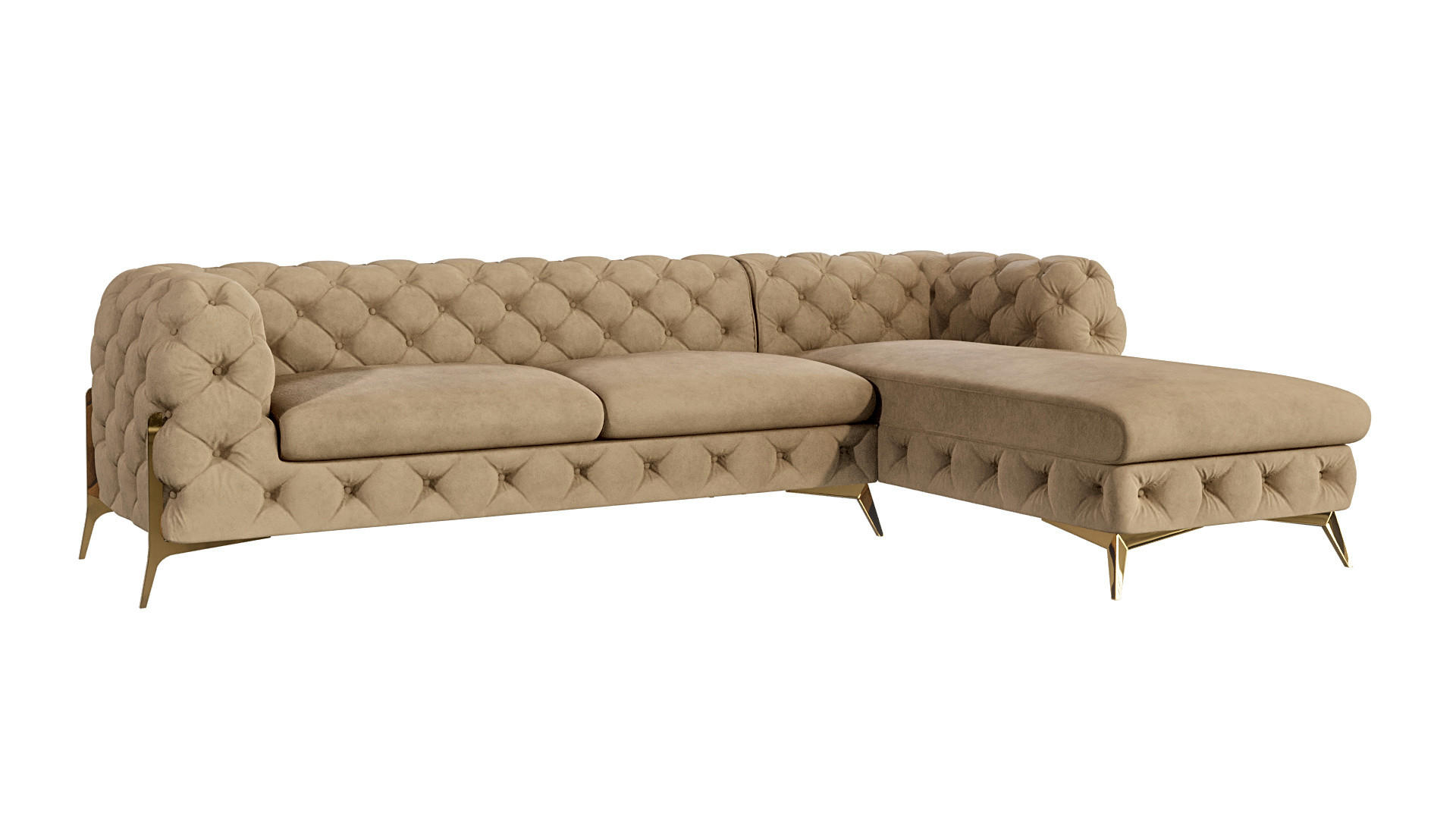 ECKSOFA Chesterfield Lexi Beige Samt, Ottomane rechts - Beige/Goldfarben, Holz/Textil (305/200cm) - S-Style Möbel