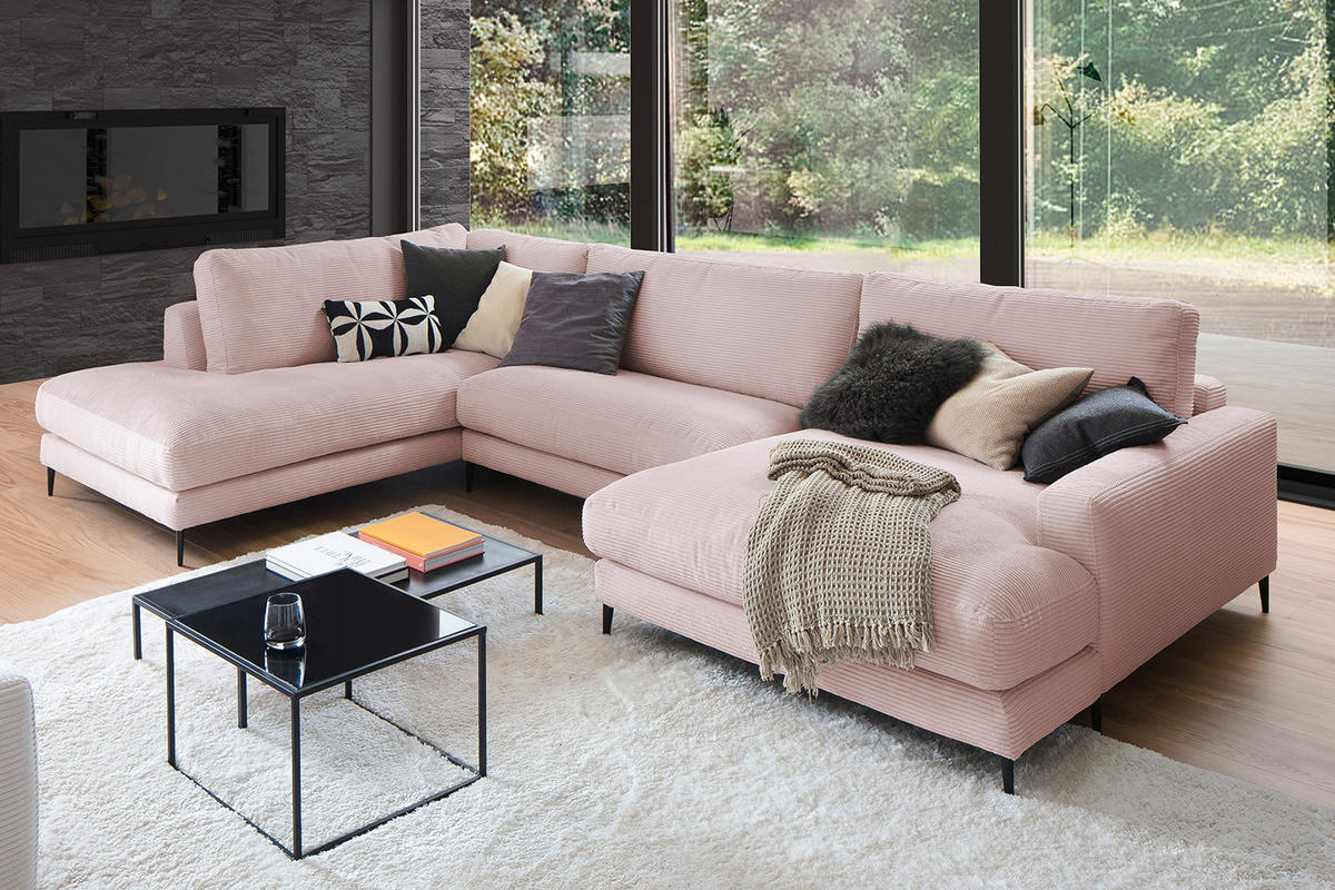 WOHNLANDSCHAFT CARA Pink Cord - Pink/Roségold, Textil (341/84/223cm) - KAWOLA