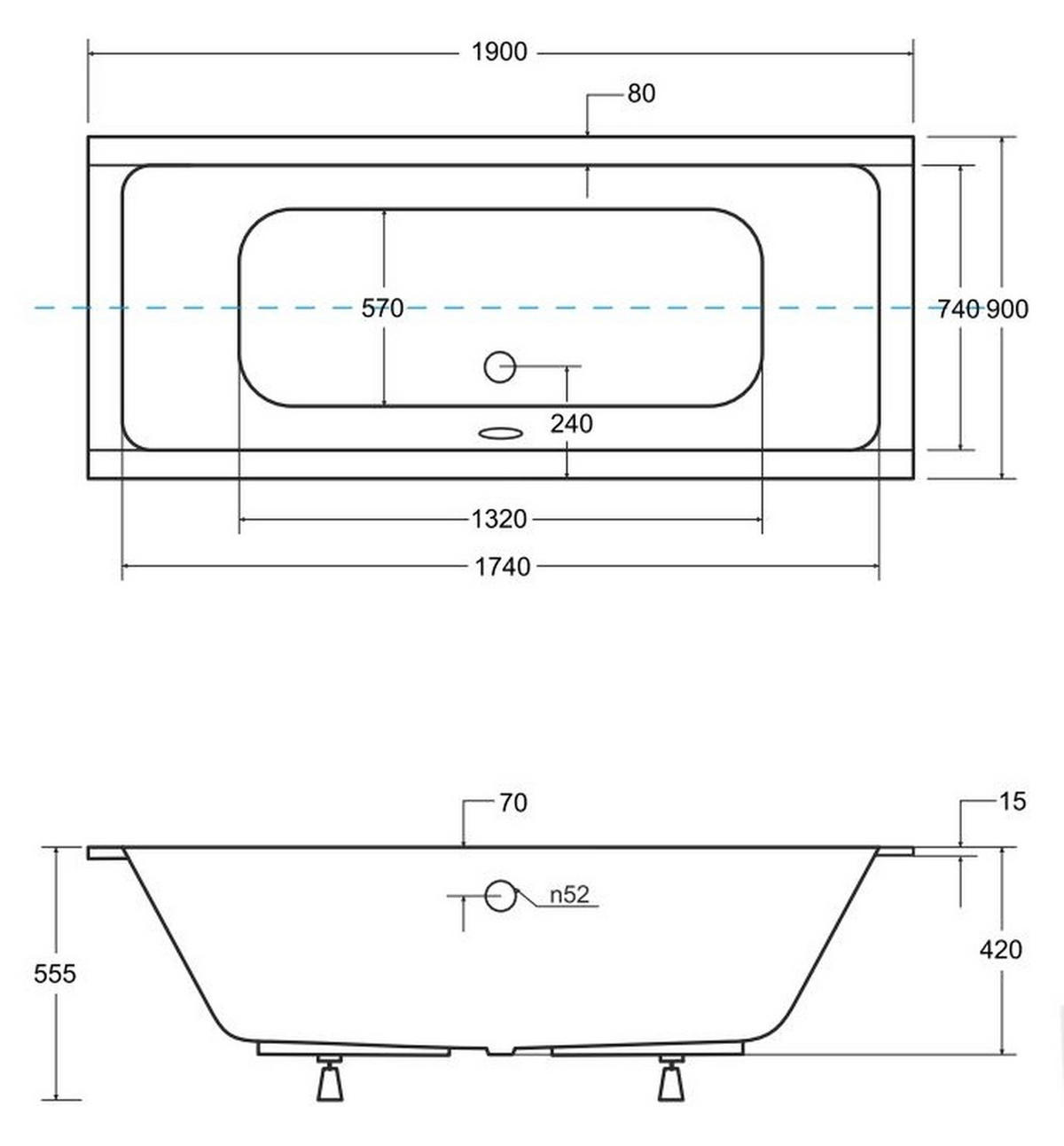 BADEWANNE Rechteck QUADRO SLIM 190/90 mit Styro Ablage 4cm Ablauf Füße - Weiß, Kunststoff (90/55.5/190cm) - bad land
