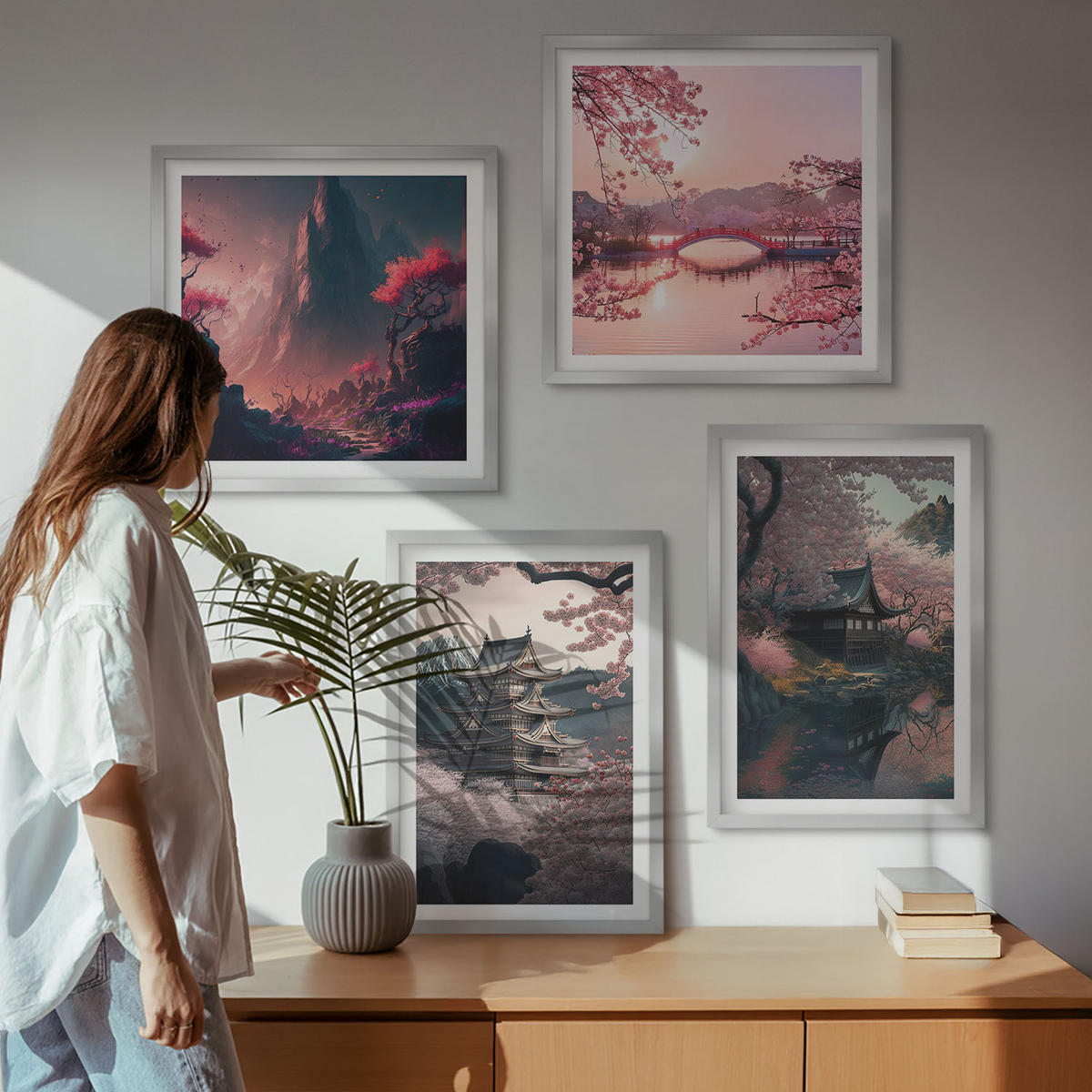 BILDER SET 4er Set - 50x50 cm & 40x60 cm Silberner Rahmen - Fantasielandschaften Japans - Silberfarben, Kunststoff (50/50cm) - TULUP