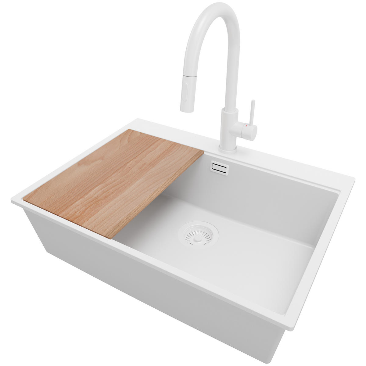 GRANITSPÜLE Oslo, 2-er set Alles Weiß 68/50 cm 1 Becken + Küchenarmatur 40/20 cm + Ablauf-Set + Schneidebrett ab 70er Unterschrank - Beige/Weiß, Kunststoff (68/20/50cm) - Primagran