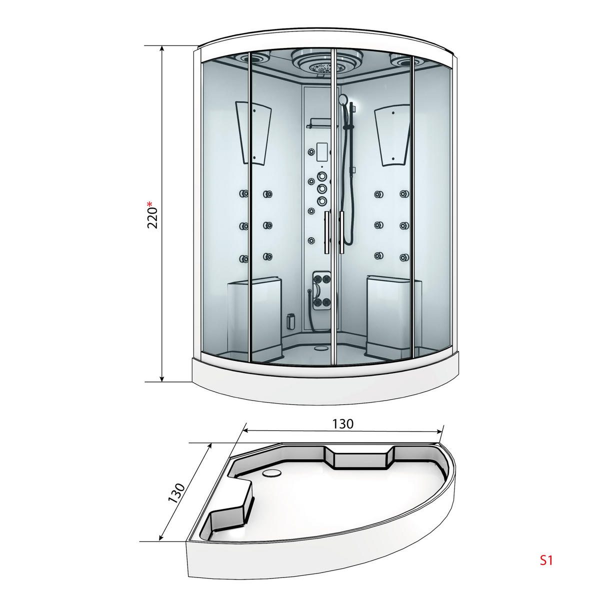 DAMPFDUSCHE Duschkabine D26-TH-EA 130x130 cm - Weiß, Glas/Kunststoff (130/130/220cm) - AcquaVapore by Sandra Jentho