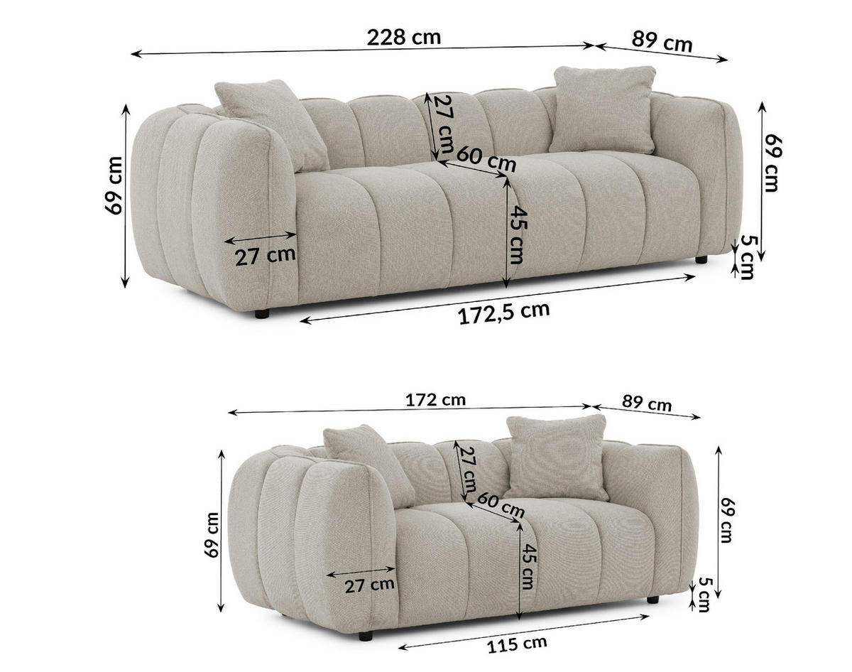 SITZGARNITUR 3+2 Nubira in tief gesteppter Bubble-Optik aus weichem Taupe Strukturstoff im modernen Design - Taupe/Schwarz, Holz/Kunststoff (228/69/89cm) - S-Style Möbel