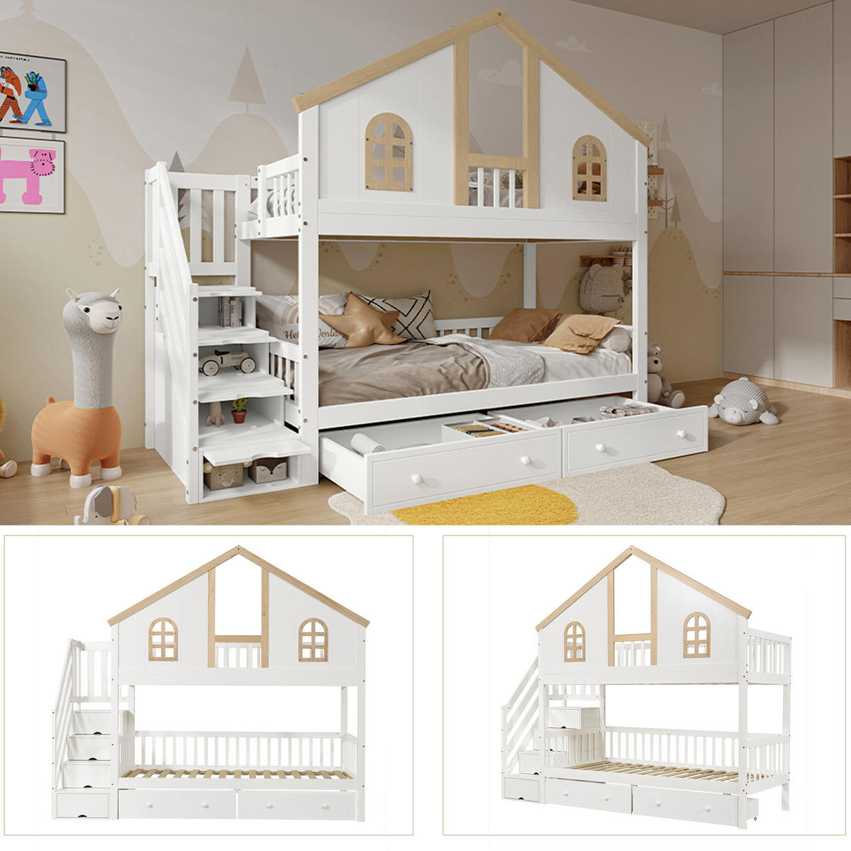 ETAGENBETT aus Kiefer und MDF 90x200 cm Weiß/Natur mit Stauraumtreppe und Schubladen - Weiß, Holz (90/200cm) - Modfu
