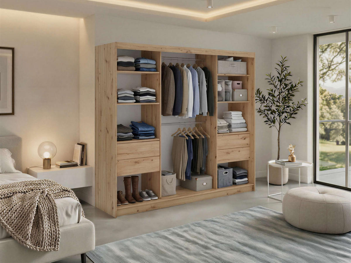 SCHWEBETÜRENSCHRANK mit Schubladen 240 - VERONA - Eiche Artisan mit Spiegel - Alufarben/Eiche Artisan, Holzwerkstoff/Metall (240/216/61cm) - MKS