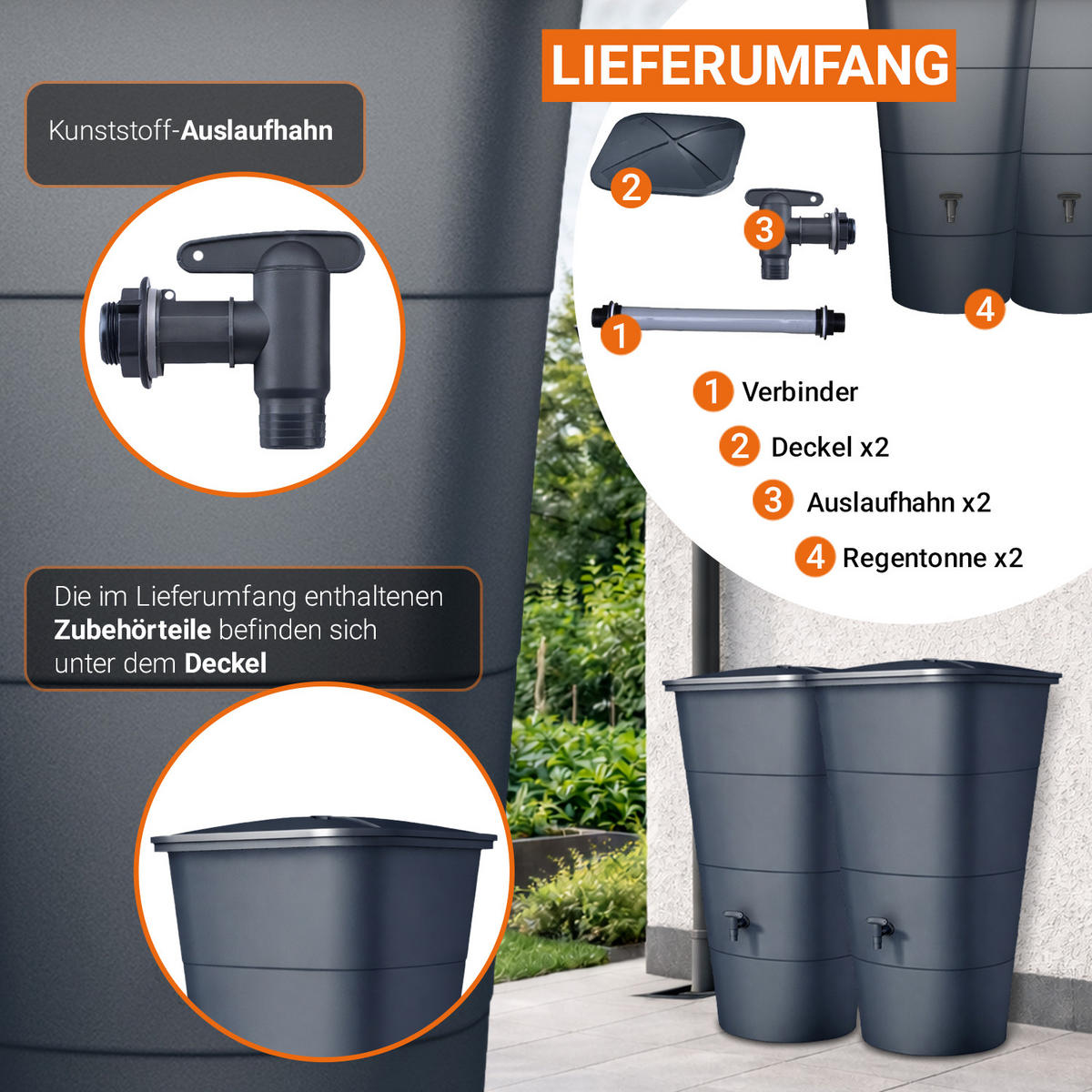 REGENTONNEN-SET eckig 400 L, graphite grey 2 x 200L Regentonne eckig inkl. Verbinder - Grau, Kunststoff (59.8/107/129.6cm) - GARANTIA