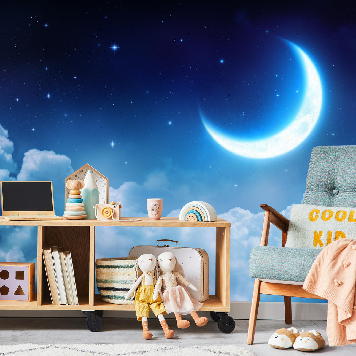 FOTOTAPETE für Schlafzimmer Himmel Wolken Mond Sterne 300x210 - Blau/Dunkelblau, Papier (300/210cm) - Muralo