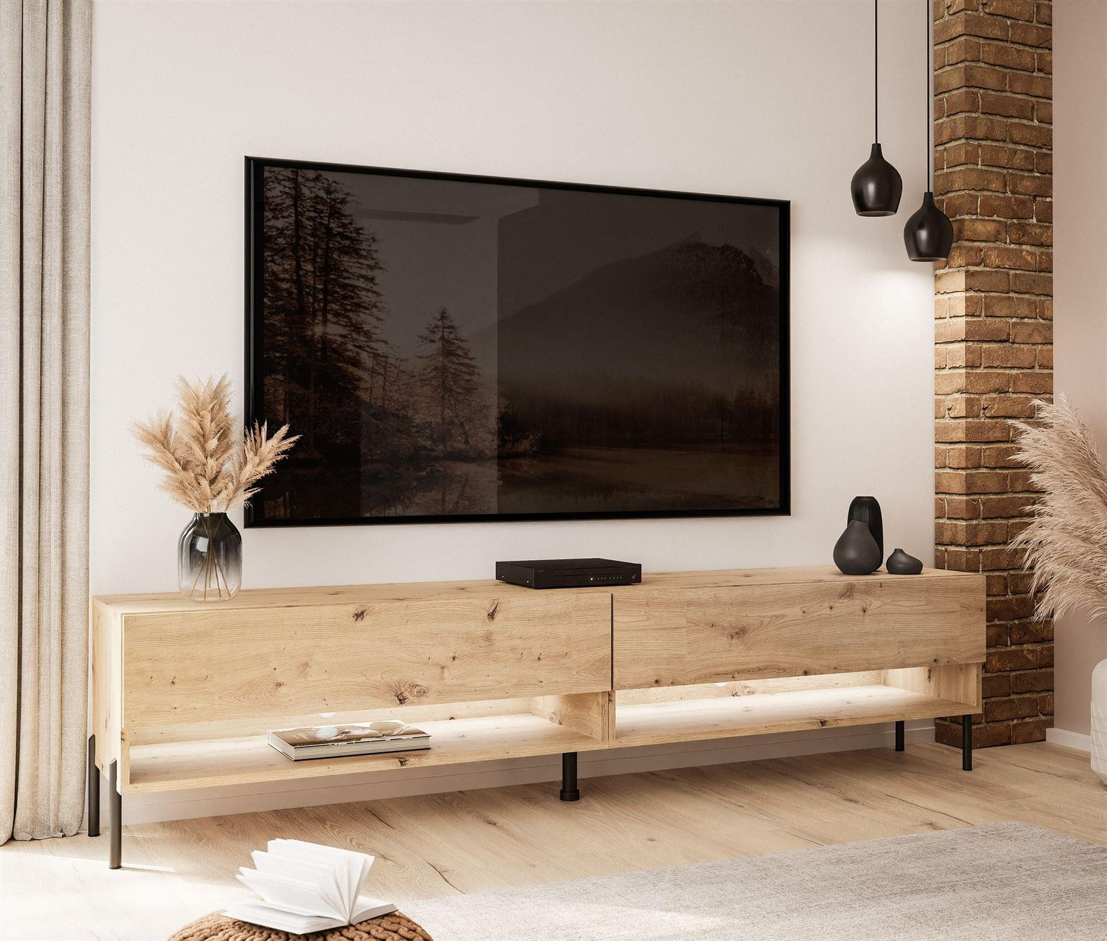 TV-LOWBOARD Schrank CALANTE 180 LOFT cm auf geraden schwarzen Beinen - Schwarz/Eiche Artisan, Holzwerkstoff/Metall (180/44/35cm) - Lookway