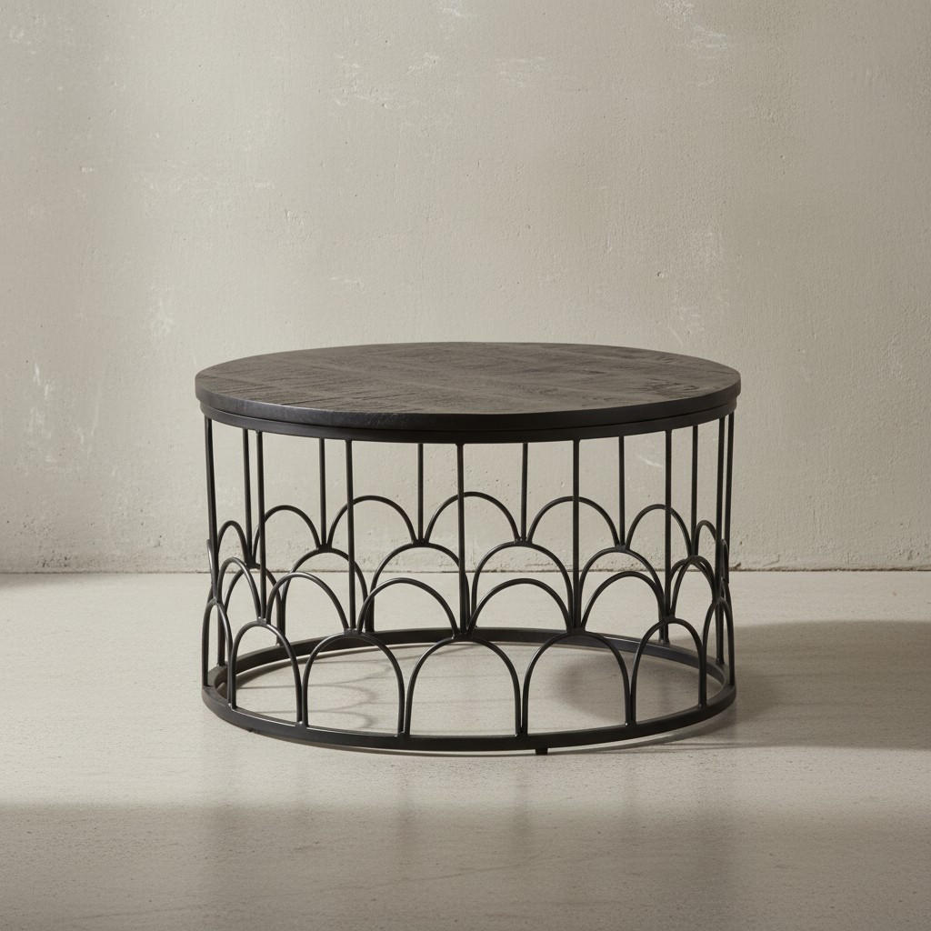 COUCHTISCH Rund in Schwarz aus Mango Massivholz mit Metallgestell, 60x60x36cm, Industrial Design - Schwarz, Holz/Metall (60/60/36cm) - KADIMA DESIGN