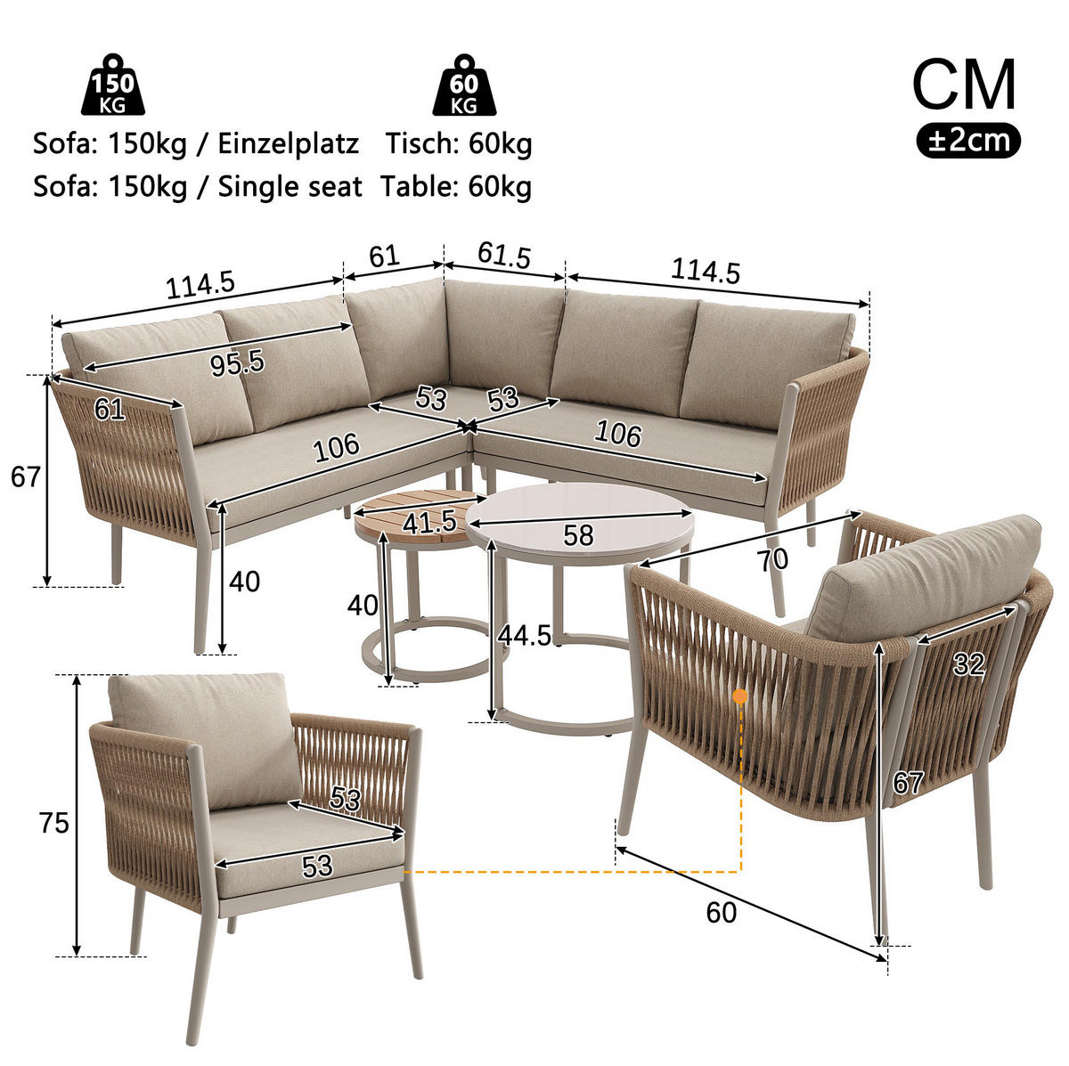GARTENLOUNGE-SET 114,5/61/67 cm beige aus Metall und Olefin modular - Beige, Metall - OKWISH