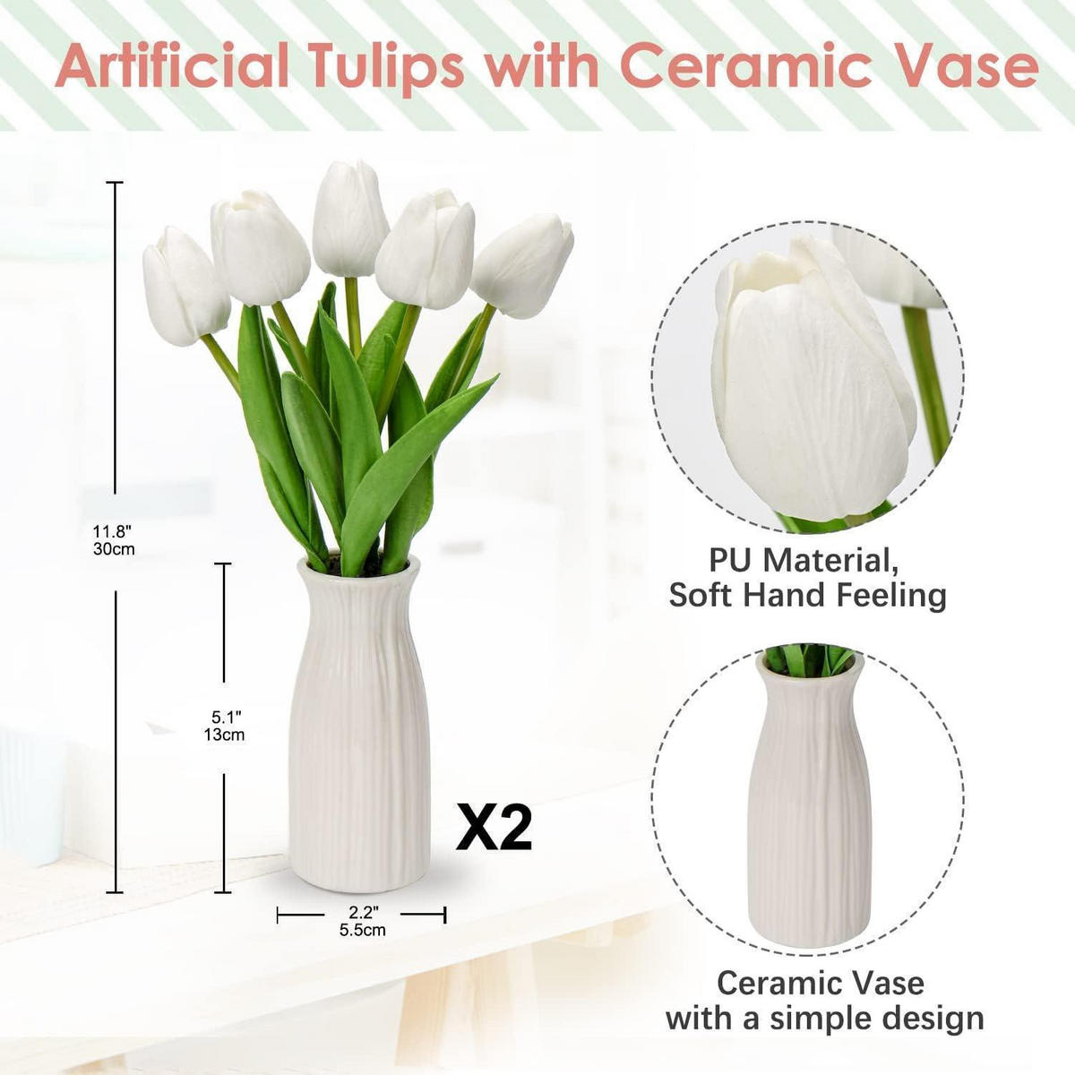 KUNSTBLUMEN Tulpenbund mit Vase Weiß 30 cm - Weiß, Keramik (27cm)