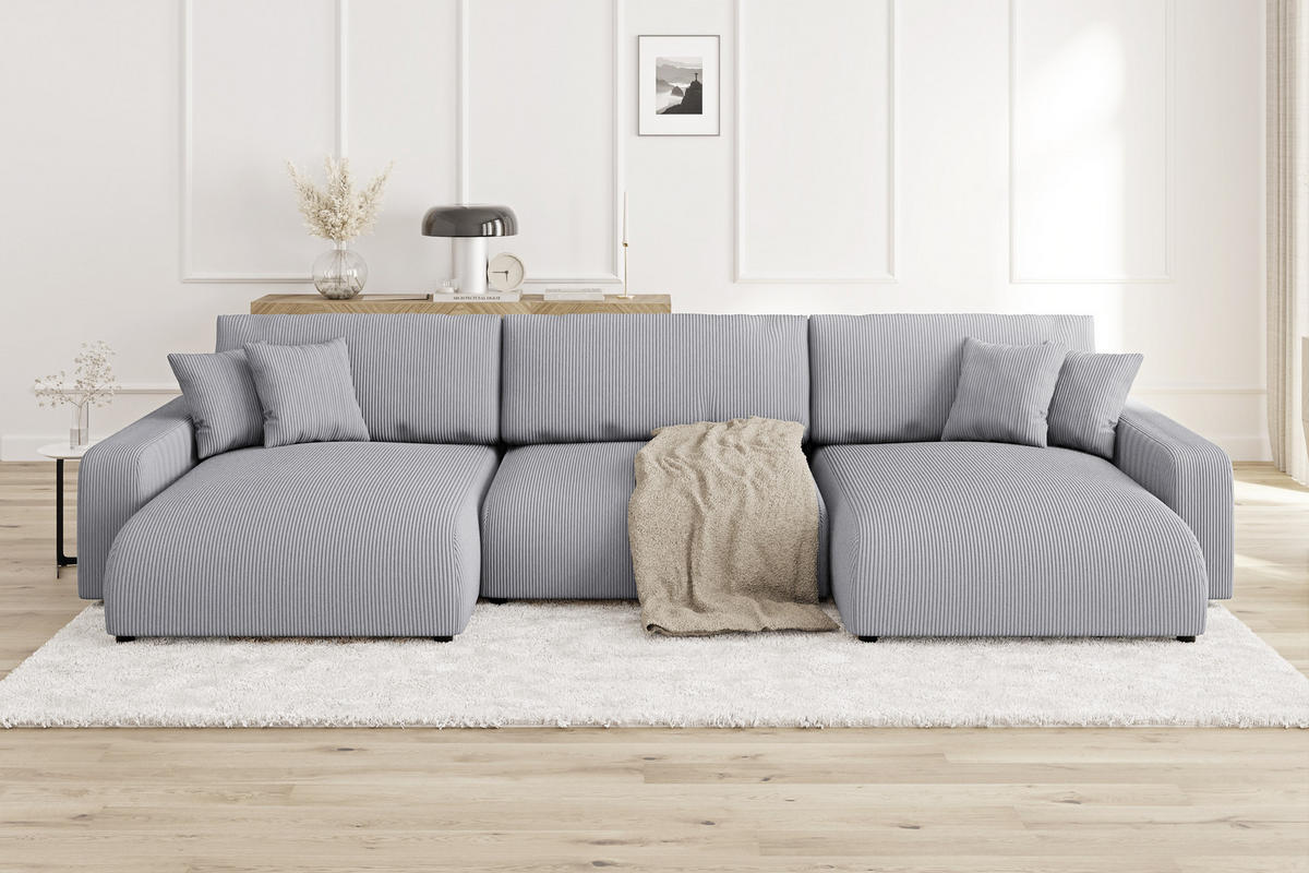 WOHNLANDSCHAFT Emma Hellgrau Cord - Hellgrau/Schwarz, Holz/Kunststoff (332/170cm) - S-Style Möbel