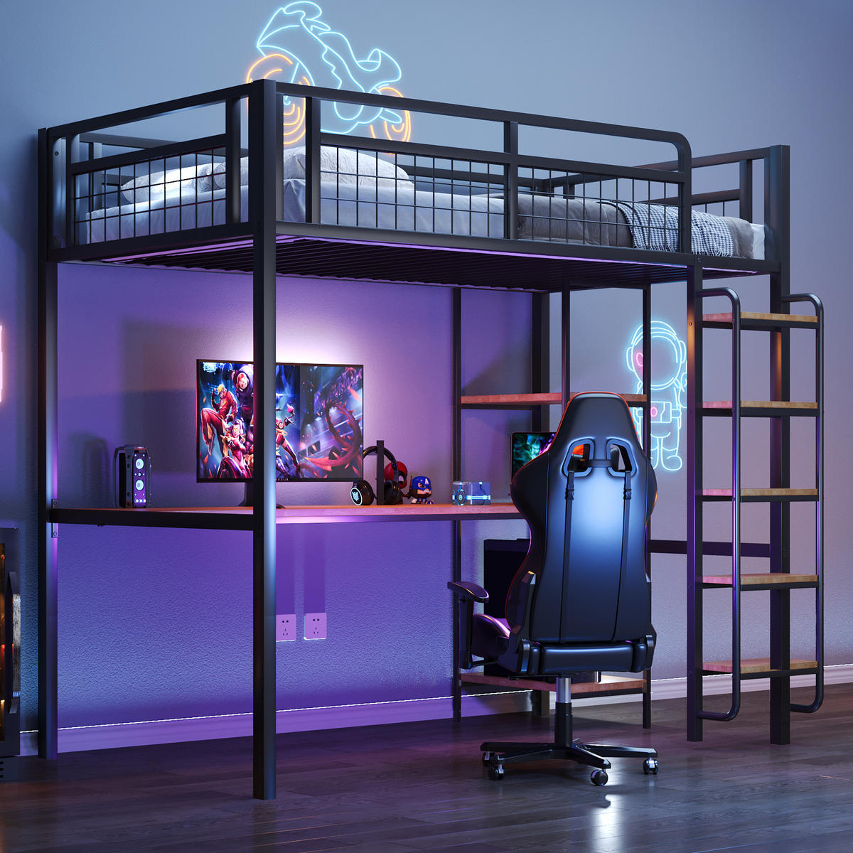 HOCHBETT aus Metall 90x200 cm in Schwarz mit Schreibtisch & Regalen - Schwarz, Metall (90/200cm) - Modfu