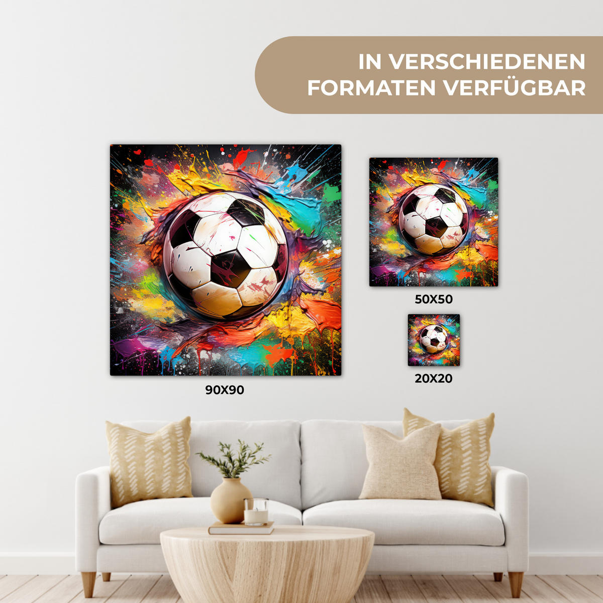 LEINWANDBILD Fußball - Farbe - Farben - Schwarz - Weiß 20x20 cm - Weiß, Textil (20/20cm) - MuchoWow