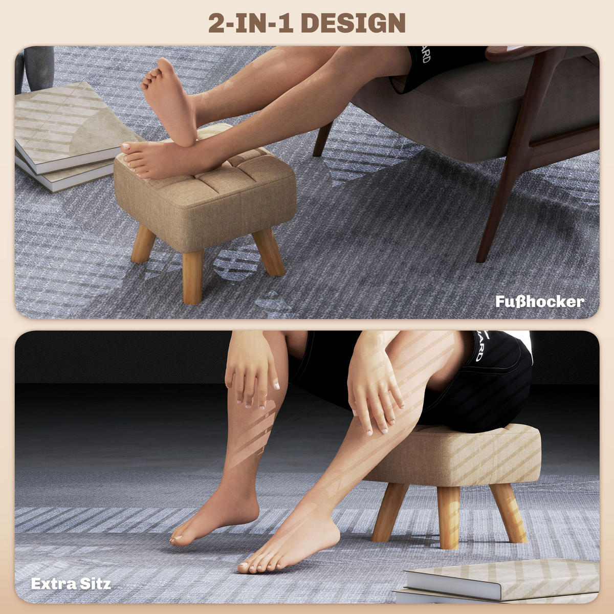 FUSSHOCKER Hocker Moderner Sitzhocker mit Leinenoptik, Holzbeine, Braun - Braun, Kunststoff (27/26/27cm) - HOMCOM