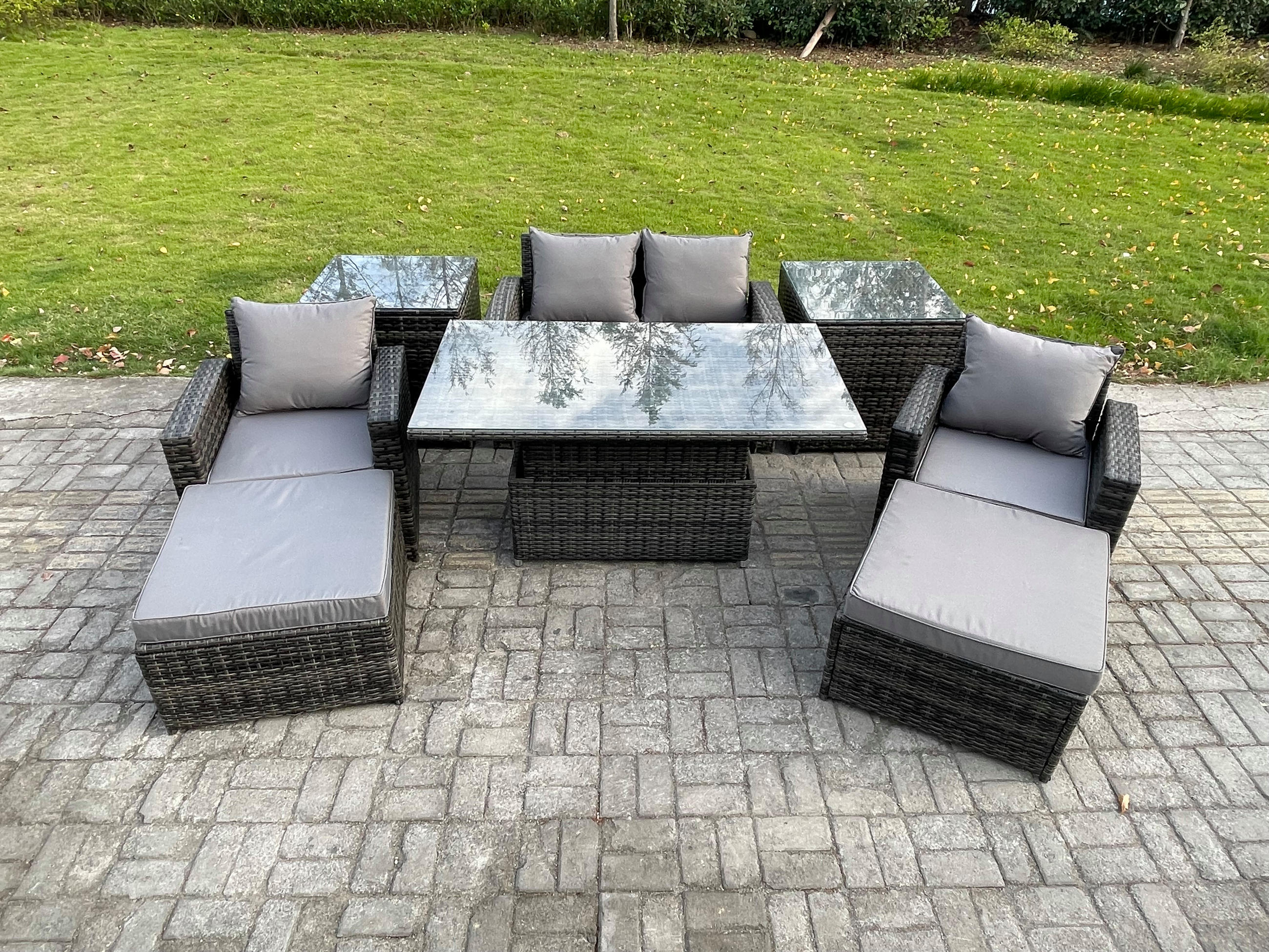 GARTENMÖBEL SET mit höhenverstellbarer Tisch Polyrattan Dunkelgrau 6-Sitzer - Dunkelgrau, Metall - Fimous